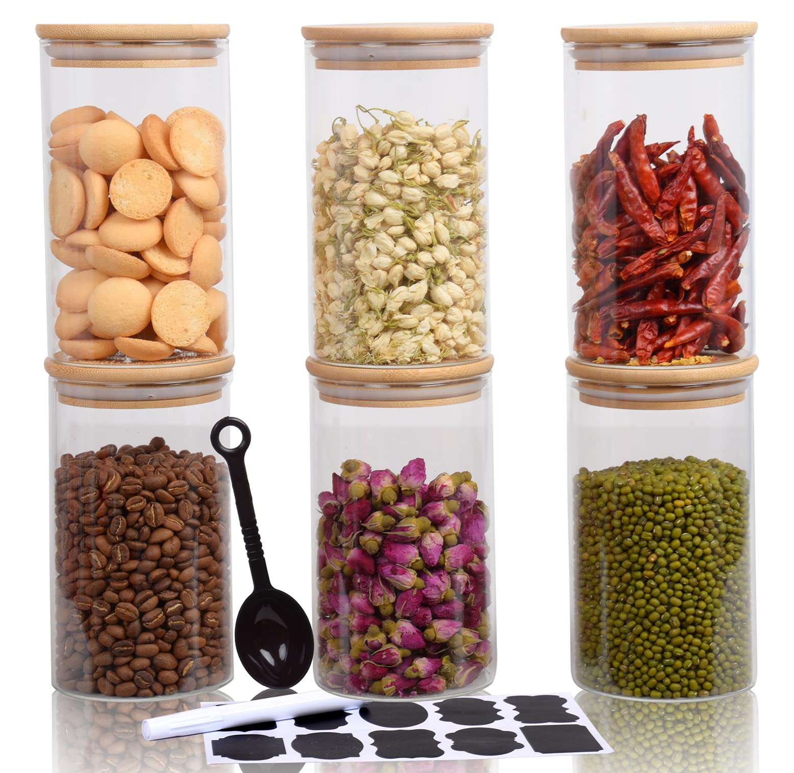 25oz Glass Jars with Airtight Bamboo Lids and Labels, Glass Food Storage Containers for Kitchen Pantry Organization for Coffee Tea Candy Cookie Nuts(6 Pack)