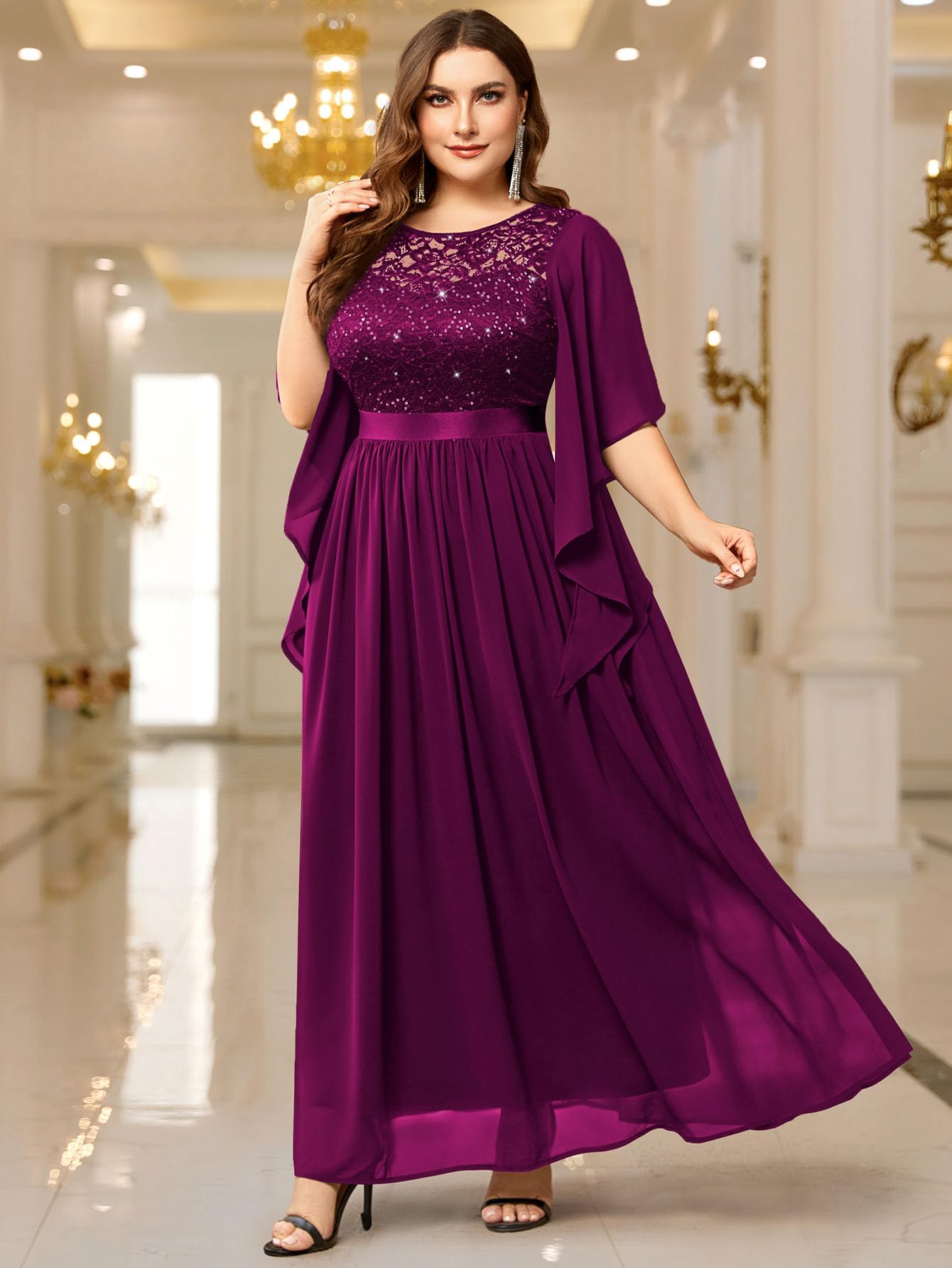 MISSMAY Abito lungo da donna, elegante, con maniche a farfalla, in chiffon, con paillettes, corpetto da sera, per feste