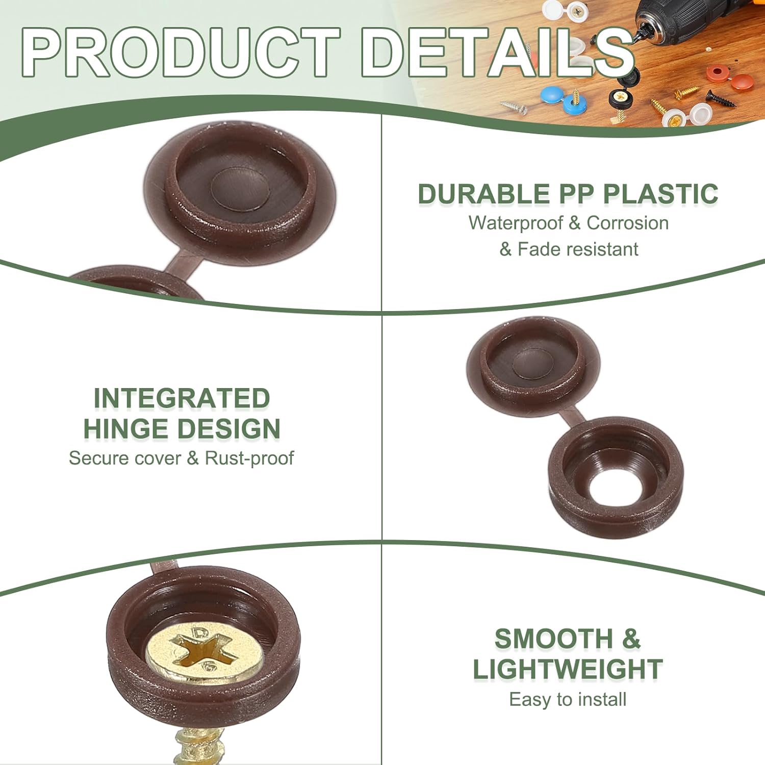 Screw Snap Covers, M5 Plastic Hinged Screw Cover Caps Shutter Screws Fold Snap Washer - Fitting for (Windows/Railings/Home Furniture/Cabinets), 5mm & 120 Pack & Coffee