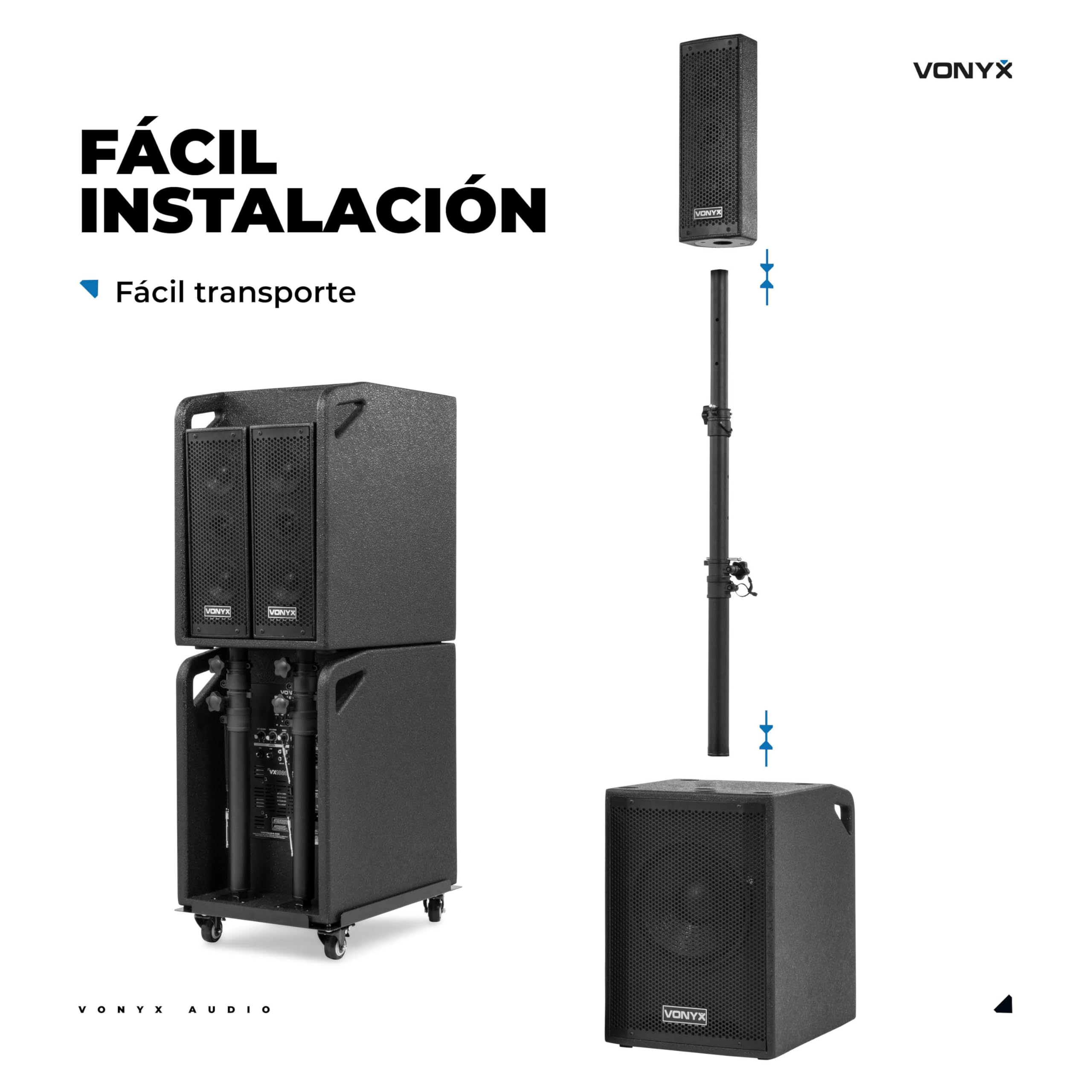 Vonyx VX1020BT – Sistema 2.2 Activo 1050W con Bluetooth, USB, SD, Doble subwoofer 10”, Micro, Trolley, Funda y Soportes, Equipo de Sonido Profesional para Eventos, Fiestas y DJ, Color Negro