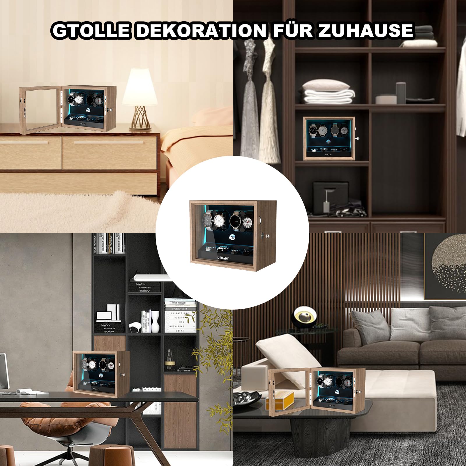 XTELARY Automatyczny Stojak na 4 Zegarki z 4 Dodatkowymi Przegródkami, Pudełko Automatyczne Mechaniczne Classic Watch Winder