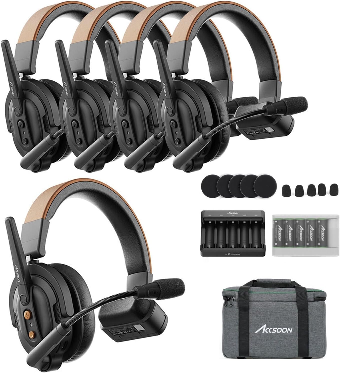 Accsoon Como SE 5-Person Wireless Intercom Headset System 1 Host 4 Remote, 2.4GHz Full-Duplex with Flip-to-Mute, 30H+ Hour Battery Life for Crew Communication Group Talk
