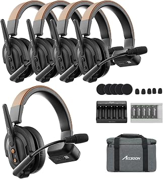 Accsoon Como SE 5-Person Wireless Intercom Headset System 1 Host 4 Remote, 2.4GHz Full-Duplex with Flip-to-Mute, 30H+ Hour Battery Life for Crew Communication Group Talk