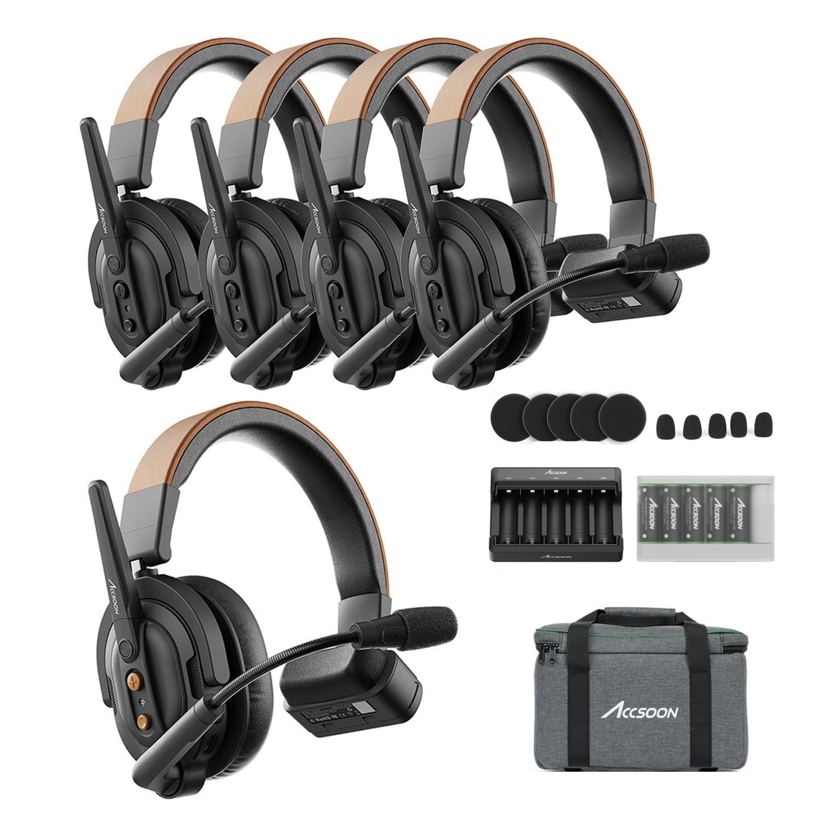 Accsoon Como SE 5-Person Wireless Intercom Headset System 1 Host 4 Remote, 2.4GHz Full-Duplex with Flip-to-Mute, 30H+ Hour Battery Life for Crew Communication Group Talk