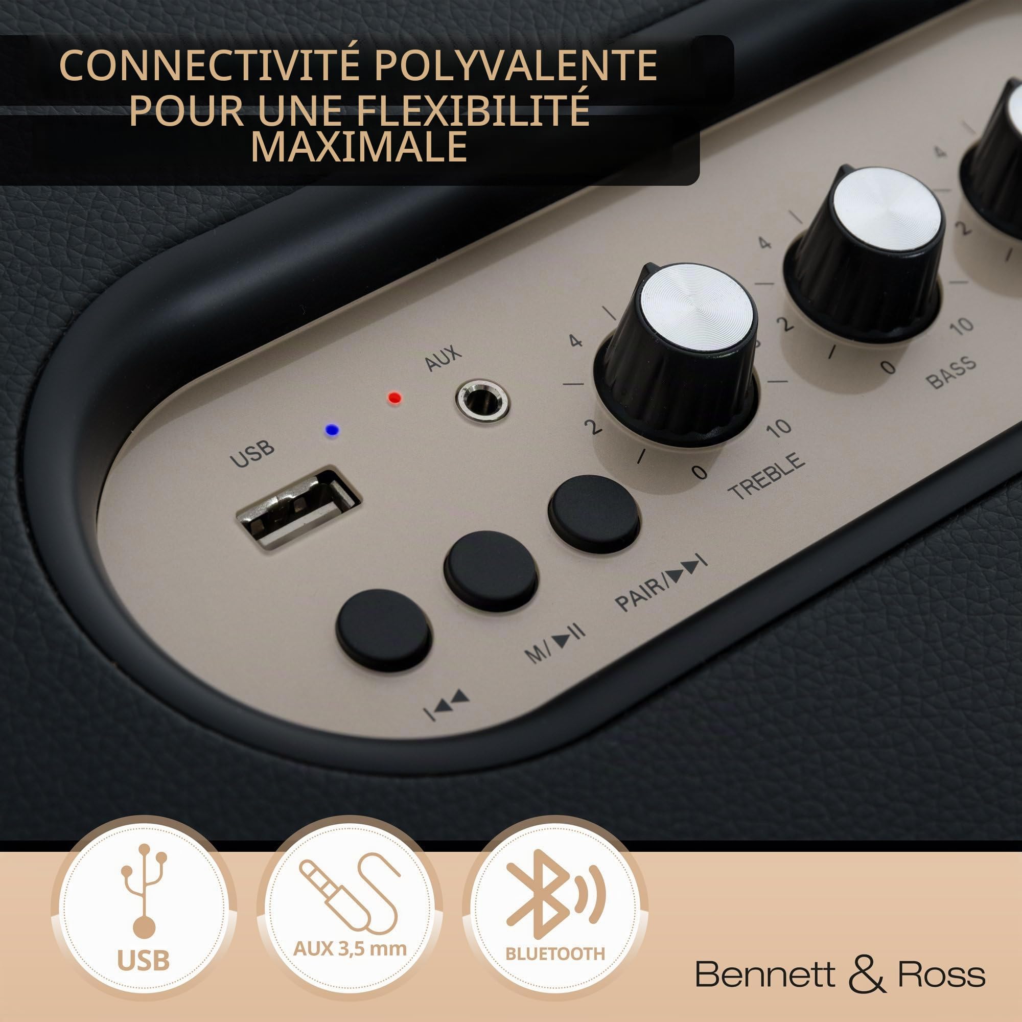 Bennett & Ross BB-880BK Blackmore Giant Haut-Parleur Bluetooth rétro en Cuir - Haut-Parleur Vintage avec 2X 40W - Speaker Entrée USB avec Lecteur MP3 - Fonction stéréo True Wireless - aux-in - Noir