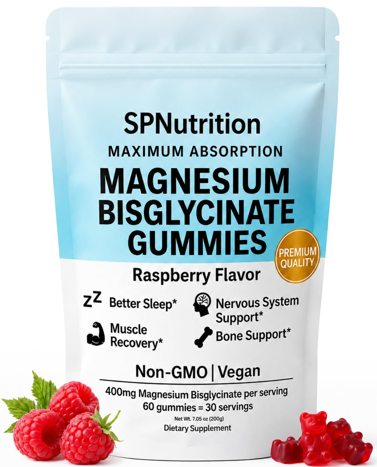 SP Nutrition Magnesium Bisglycinate Gummies 400mg, Raspberry, 60 Count 60 Count (Pack of 1)
