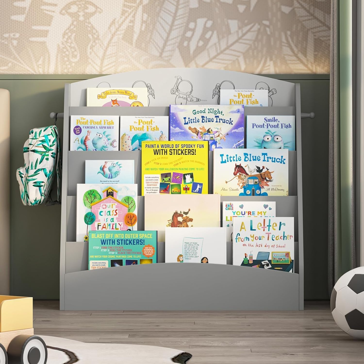 5-Tier Kids Bookshelf Montessori Toddler Book Rack Baby Bookcase Floor Front Facing Magazine Display Shelf for Bedroom Playroom Nursery Classroom Kindergarten Wood (Gray) - Image 2