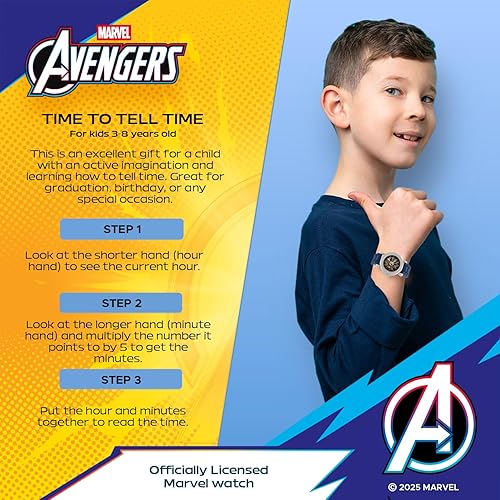 Miniatura 5 de Marvel Reloj Capitán América para niños de 3 a 7 años, con esfera de superhéroe de fácil lectura, idea de regalo para los fanáticos y coleccionistas