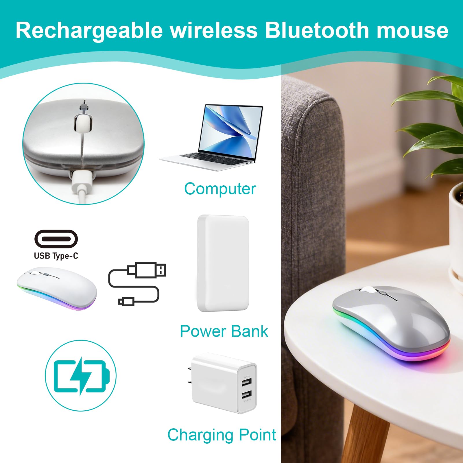 Souris sans Fil Rechargeable, Souris Bluetooth (BT 5.1+2.4G sans Fil), 1200 DPI Souris Silencieuse Ultra-Mince, Wireless Mouse Deux Modes pour MacBook/Tablette/iPad/Ordinateur Portable/PC/Notebook