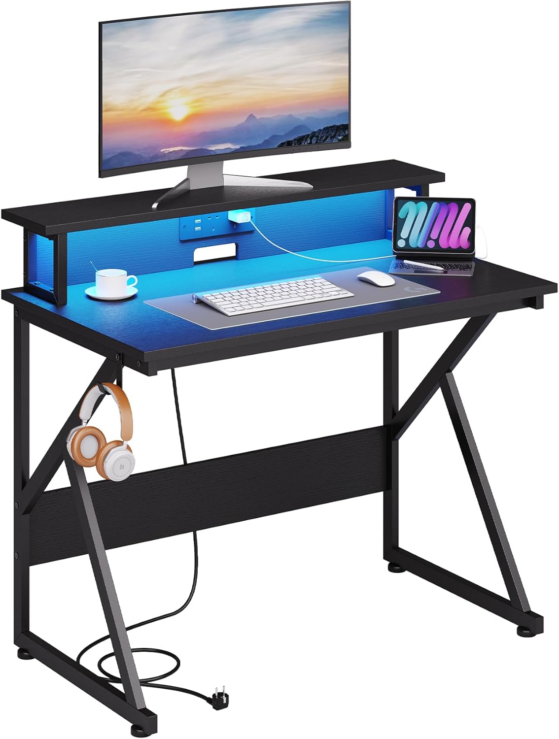 KIMENICH Computer Desk, Gaming Desk with LED Lights and Socket, Office Desk with Monitor Stand, PC Desk, for Home, Office, 100 cm, Black