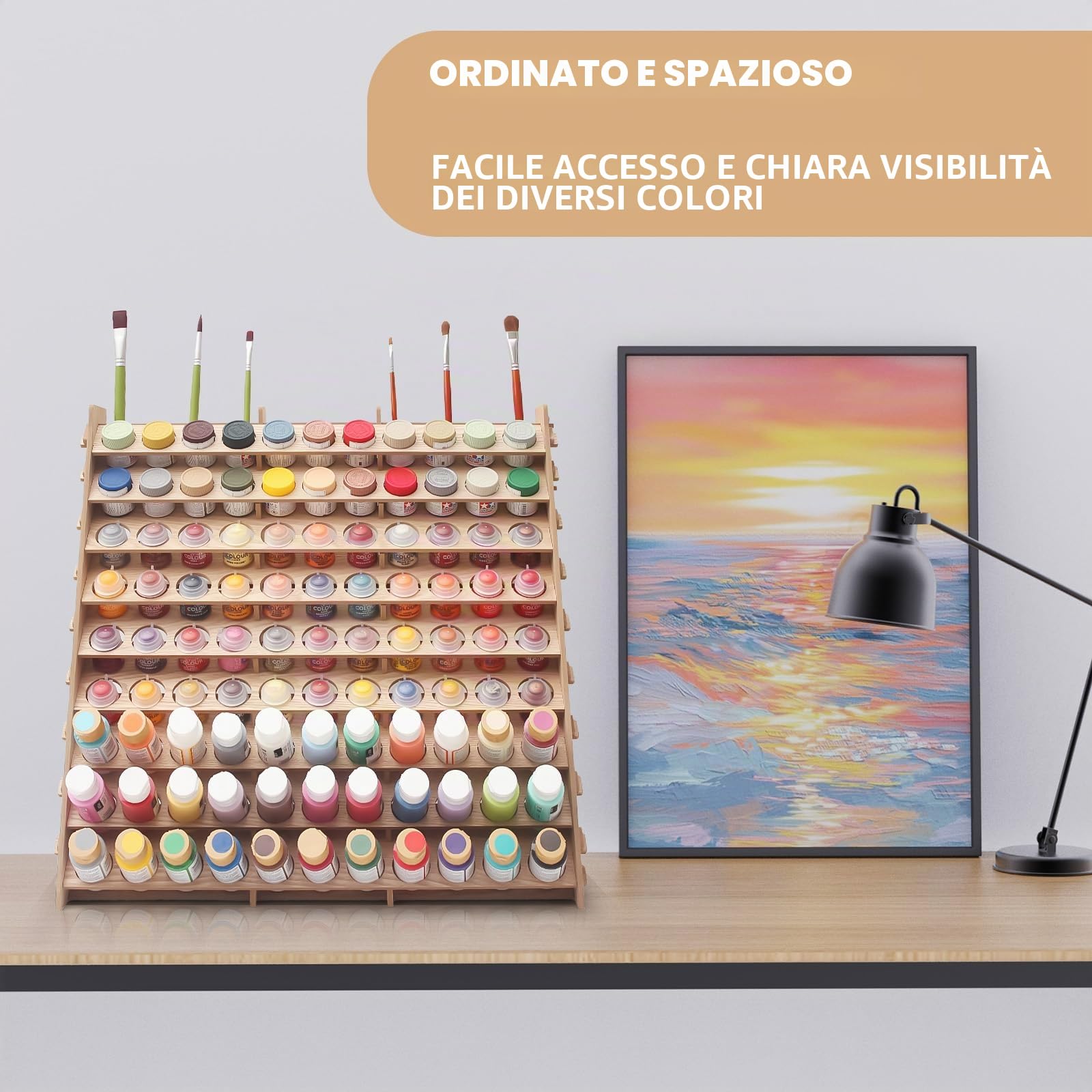 Organizer extra large in legno a 9 ripiani per 99 bottiglie, organizer per pittura e pennelli, per olio acrilico, artigianato, hobby, mini modellini, pittura, pittura, organizer per artisti