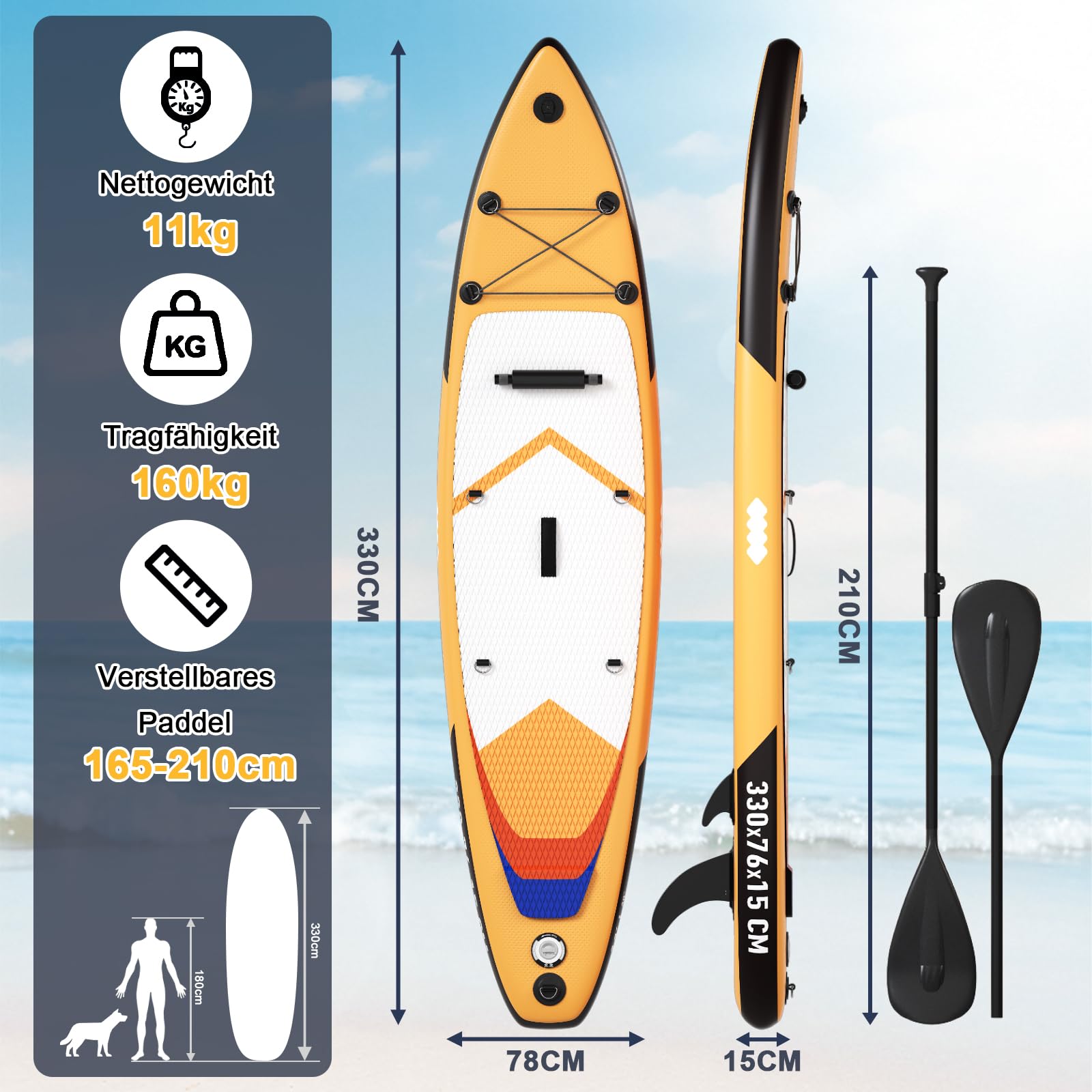 JUMMICO Tavola Sup Gonfiabile, Stand Up Paddling Board, 330 x 76 x 15 cm, Pagaia 2-in-1 con Sella Kayak e Accessori, Portata 160 kg, Ideale per Surf, Pesca e Yoga
