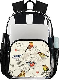 Mochila transparente retrô pássaro mochila resistente, pássaro engraçado impermeável mochila transparente PVC mochila transparente com alça de ombro reforçada para escola, trabalho, viagens, Multicor