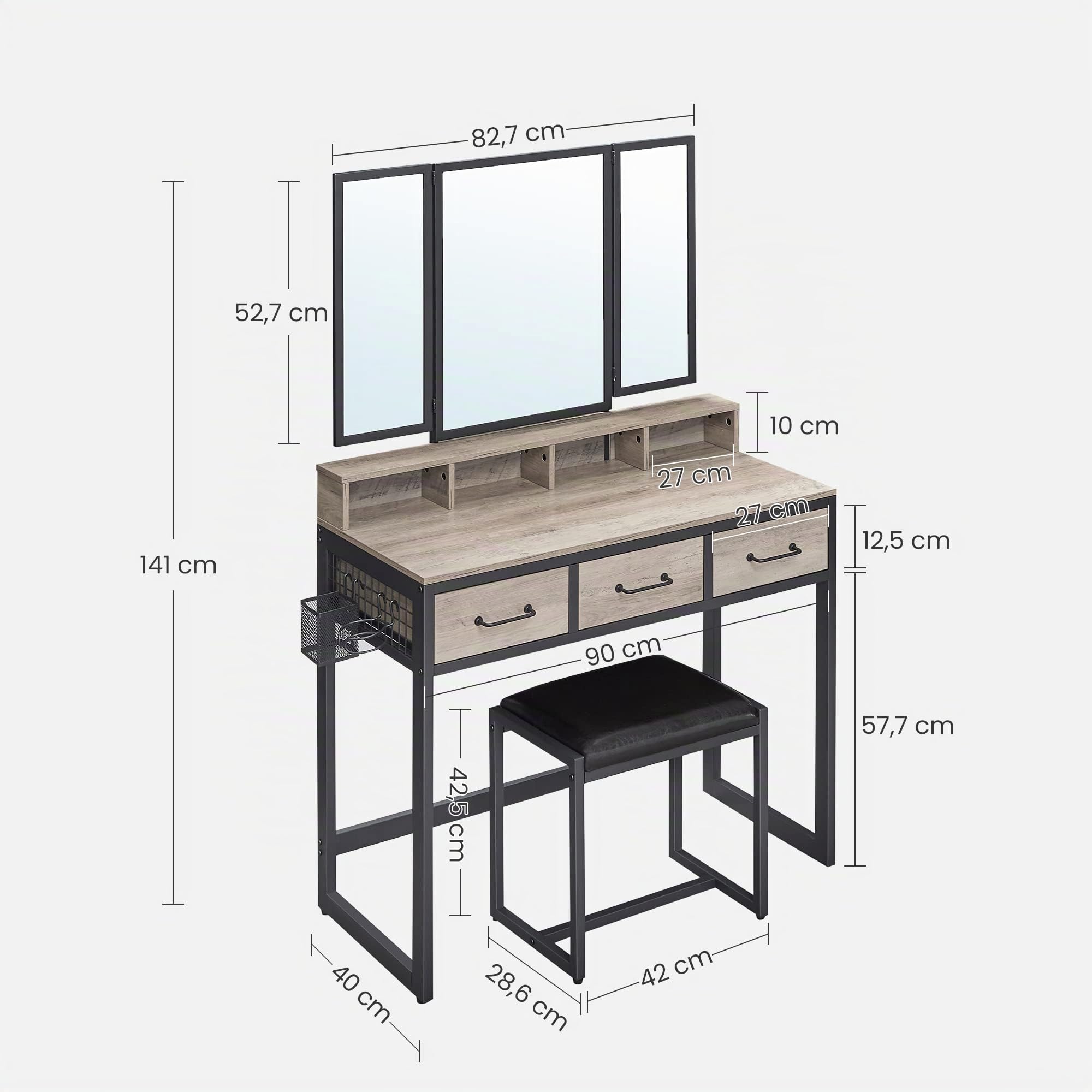 VASAGLE Schminktisch mit gepolstertem Hocker, Frisiertisch mit dreifachem Spiegel, 3 Schubladen, Haartrocknerhalter, Kosmetiktisch, moderner Stil, greige-schwarz RVT004B02