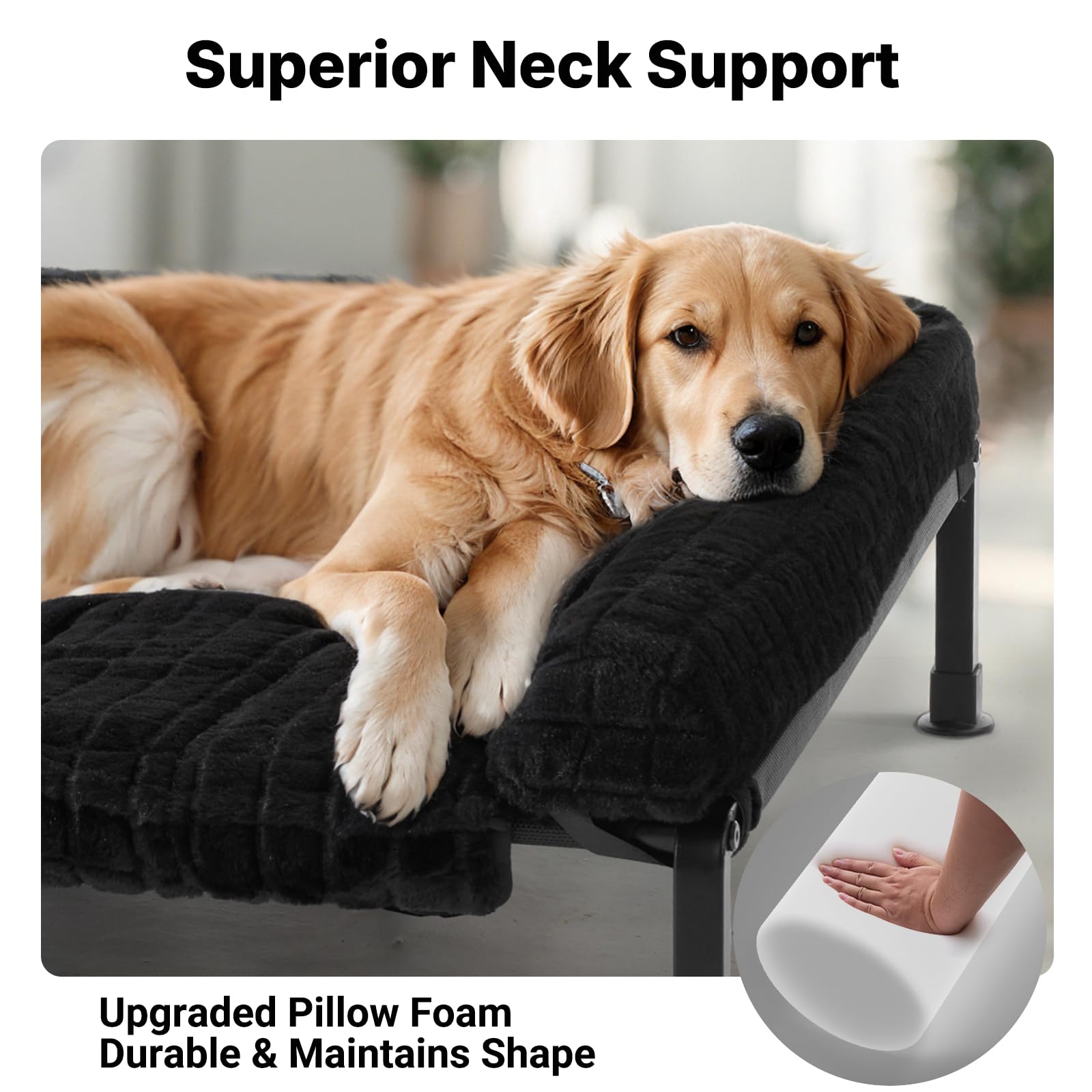 Veehoo Elevated Dog Bed Large Sized with Fluffy Plush Bolster Cushion, Washable Orthopedic Dog Couch Bed, Cooling Raised Pet Cot with Removable Mat, Breathable Mesh, No-Slip Feet, 48x 37 inches, Black - image 2