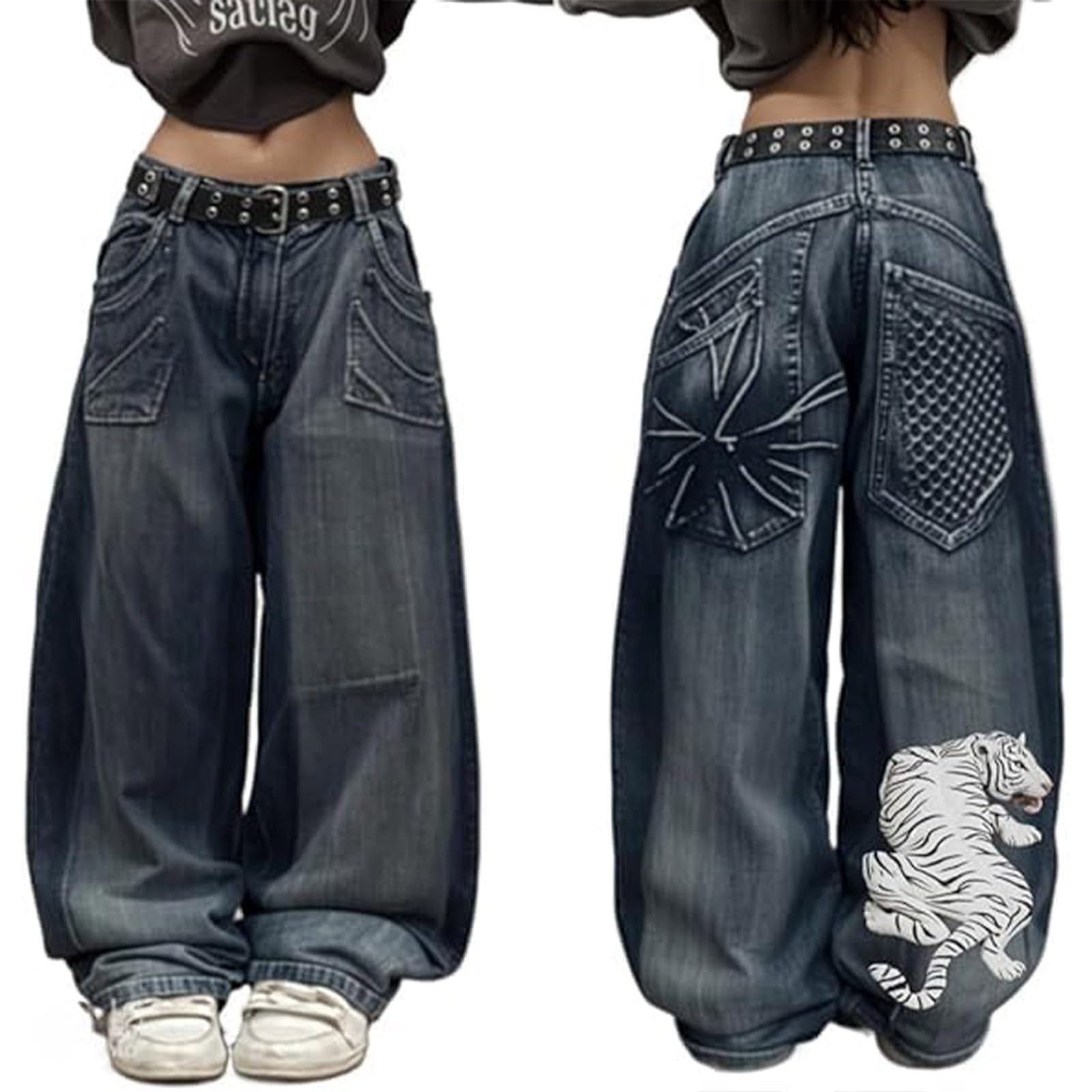 Baggy Jeans for Women Y2k Vintage High Waist Wide Leg Jeans with Graphic Print Gothic Denim Pants Street
