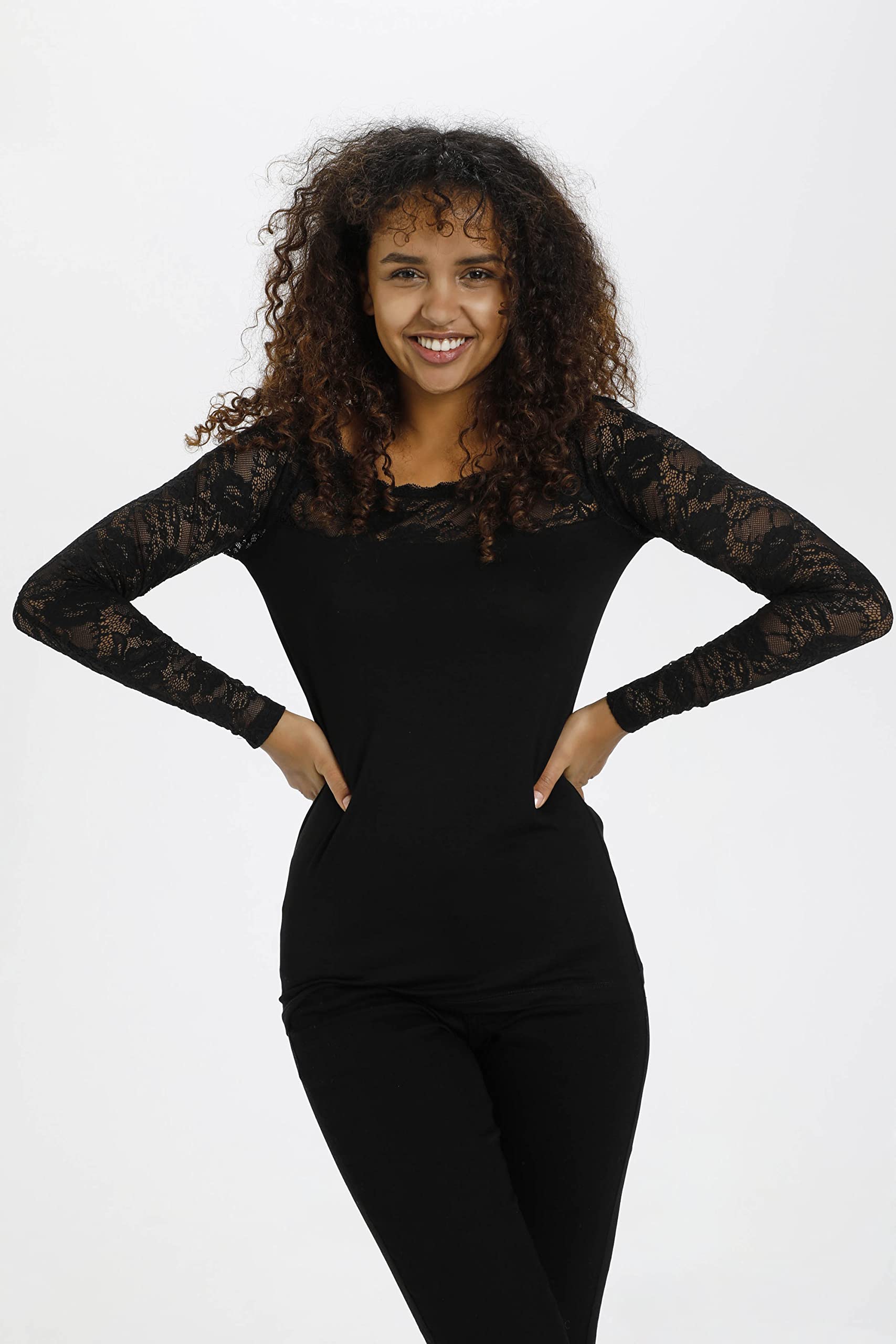 KAFFE Damen Langarm-Shirt Lacy Damen Bluse Top Spitze Oberteil Langarm Slim Fit Spitzenbluse Lange Ärmel