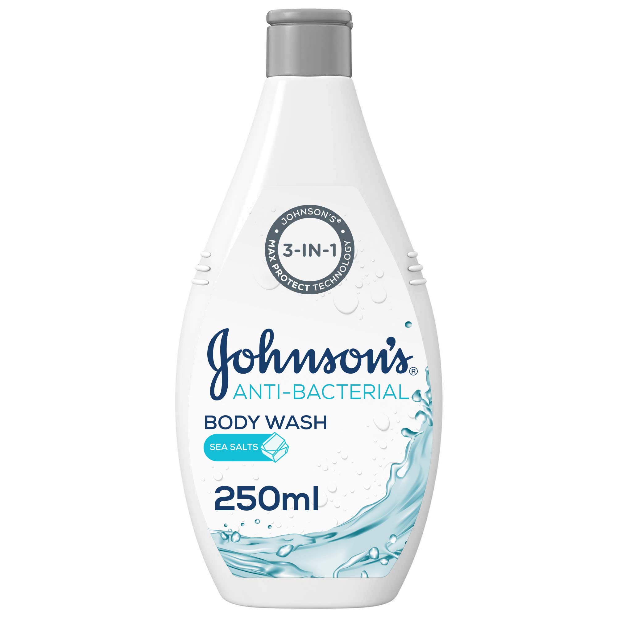 Johnson's Body Wash, Anti-Bacterial, Sea Salts, combines max protect germ-removal technology and pure glycerin, 3-in-1 formula that washes away 99.9% of germs, 250ml