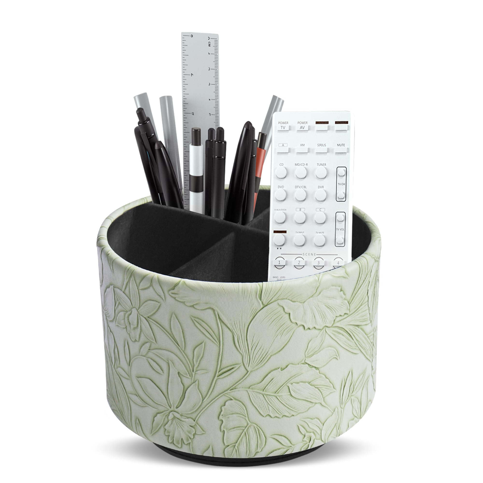 Czzmy Round Leather Art Supply Organizer,Remote Control Holder,360 Degree Spinning,Multi-Functional Pencil Holder,4 Compartments Desktop Stationary Organizer(1-Carved Green)