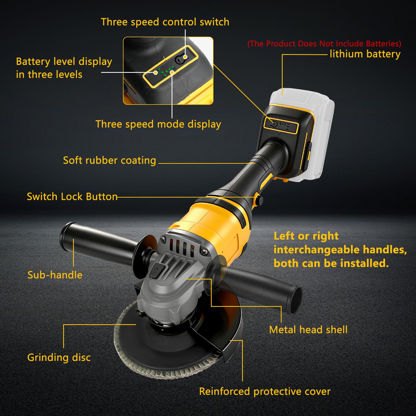 Smerigliatrice angolare compatibile con Dewalt batteria 18V, Ø125mm, Motore Senza Spazzole, 3 Velocità, Protezione Rapida, Manico Anti-Vibrazione, Incl. Dischi(senza batteria) (DW Giallo)