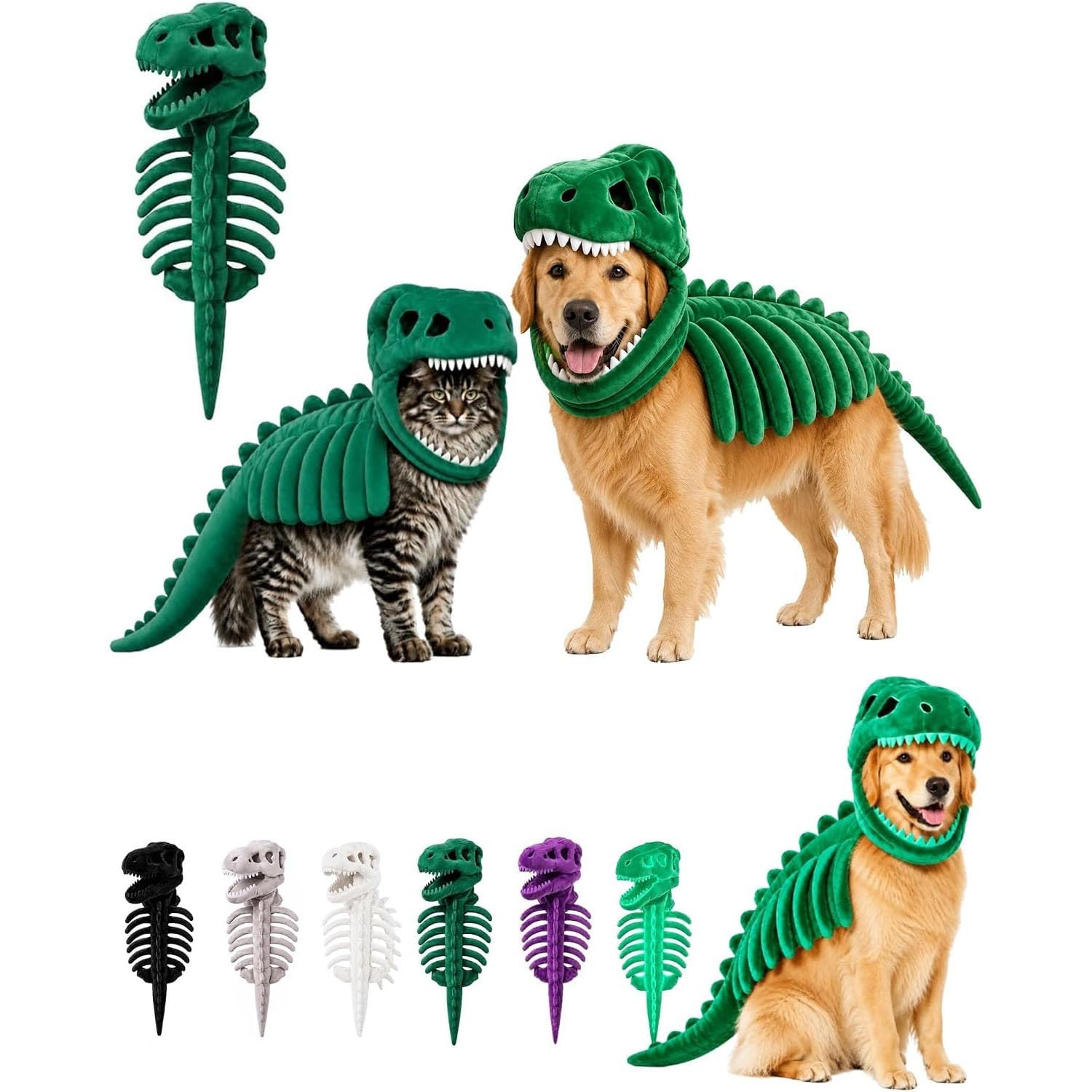 Dog Cat Pet Dinosaur Skeleton Costume, Soft Plush 3D T‑Rex Skeleton Outfit