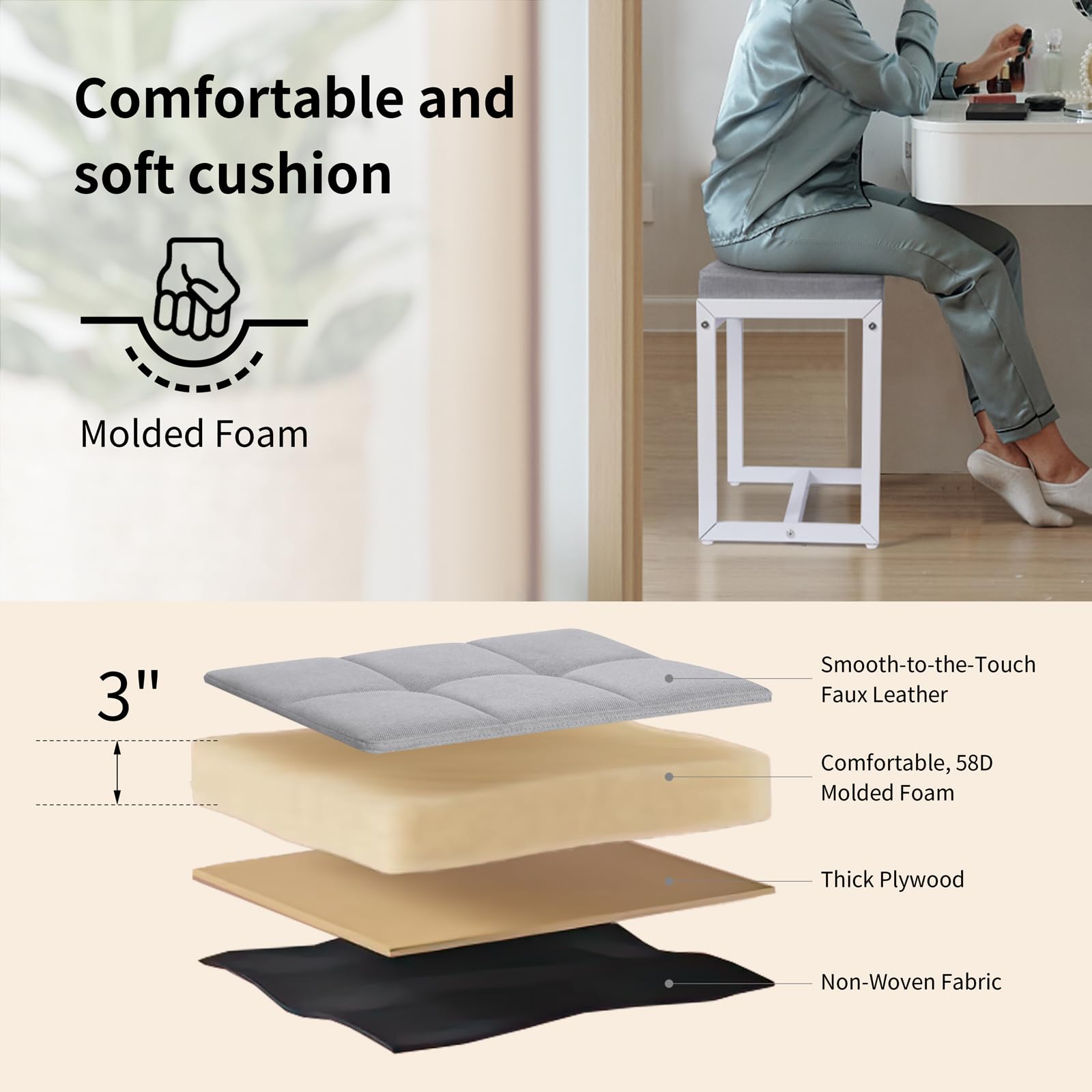 Sgabello da trucco, piccolo shocker, in lino con struttura in metallo, sgabello quadrato ottomano, poggiapiedi per soggiorno, camera da letto, ingresso, moderno sgabello grigio e bianco
