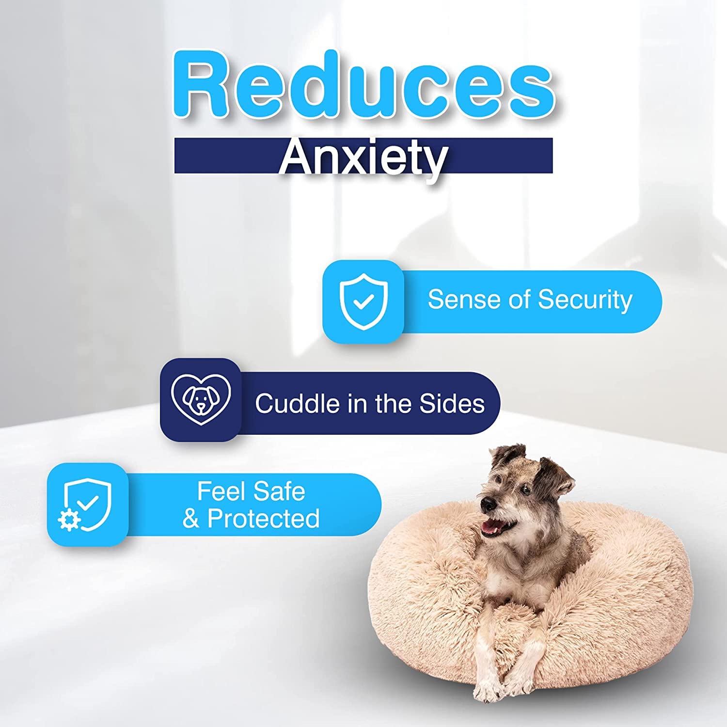 PetSwag Anxiety Calming Pet Bed - Beige Anxiety Bed for Dogs - Comfy Calming Fur Dog Bed for Medium Sized Dogs - Chew Proof Durable Dog Bed for Agressive Chewers - Washable Dog Bed Tear Proof