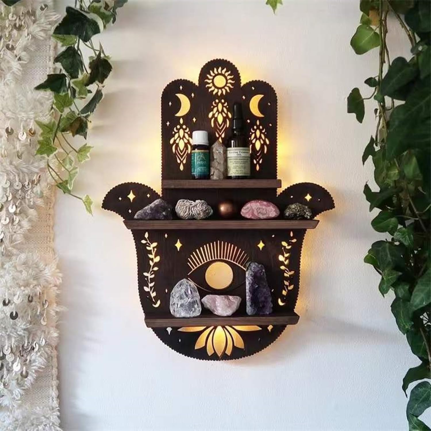 Wall Mounted Floating Shelves Hamsa Hand Lamp Floating Shelf Wood Hamsa Hand Crystal Display Shelf With Light Boho Hanging Wall Shelf Meditation Witchy Living Room Decorative Crystal Holder
