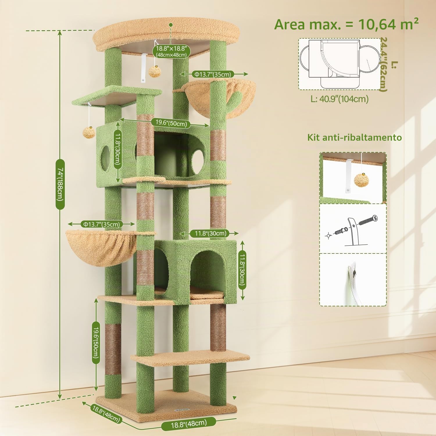 Globlazer Tiragraffi XXL Verde Cactus Grandi 188 cm con 2 Grotta 50*30*30CM, 2 Cesto, Piattaforma Imbottiti, Stabile Albero Tiragraffi per Gatti Adulti Interno Peluche Facile da Pulire (S74, Verde)