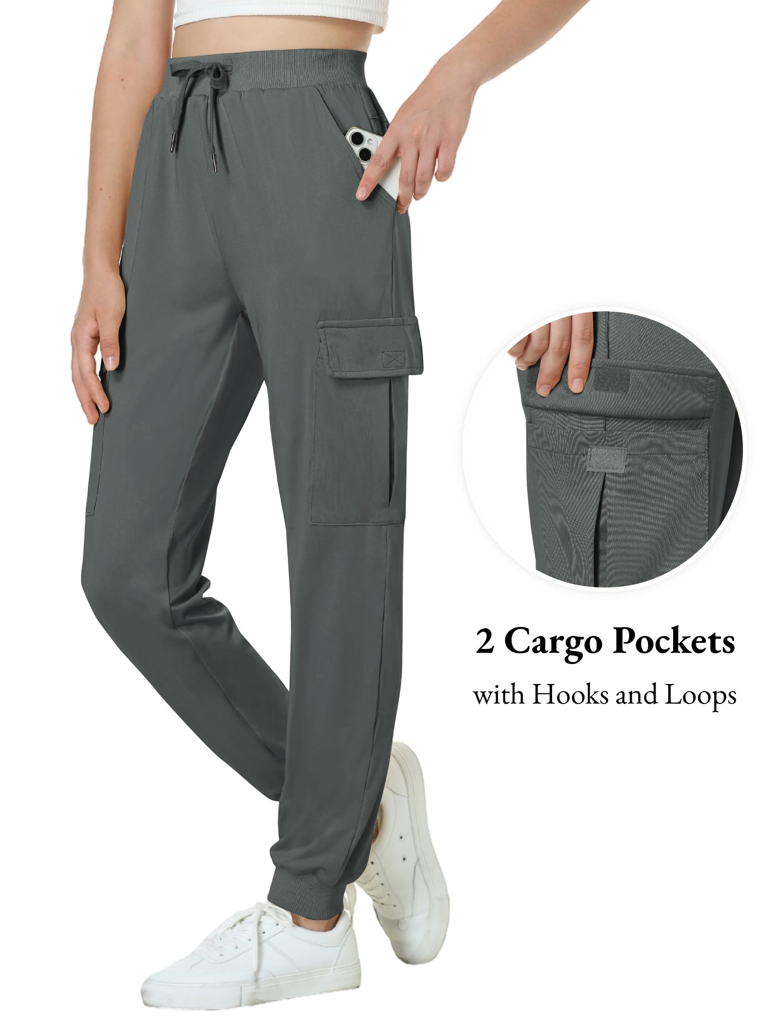 EXARUS 3 Pack Girls Joggers Kids Hiking Lightweight Cargo Pants Quick Dry Athletic Hip Hop Dance Jogger Flap Pockets Drawstring Tapered High Waist Youth Black Dusty Pink Dark Grey Knit 10Y