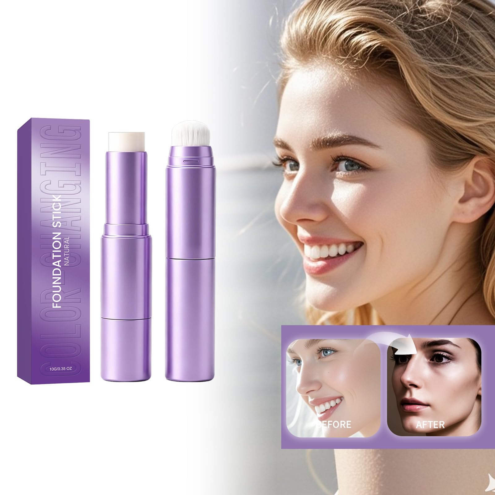 Fondotinta stick 2 in 1 che cambia colore, per pelli mature, con pennello integrato, una finitura uniforme e naturale, texture leggera, idratante a lunga durata, per tutti (3 pezzi)