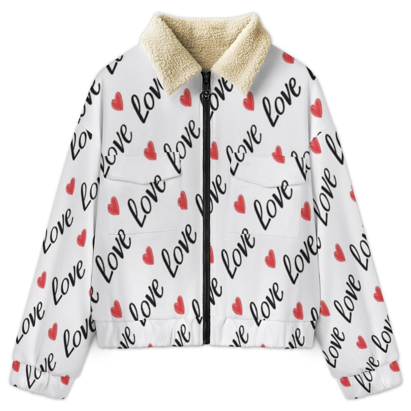 Giacca in Pile Caldi da Donna, Semplice Moda con Stampa a Amore Cuore, Invernale, a Maniche Lunghe, con Chiusura Lampo, Spessa, Comoda, con Tasche