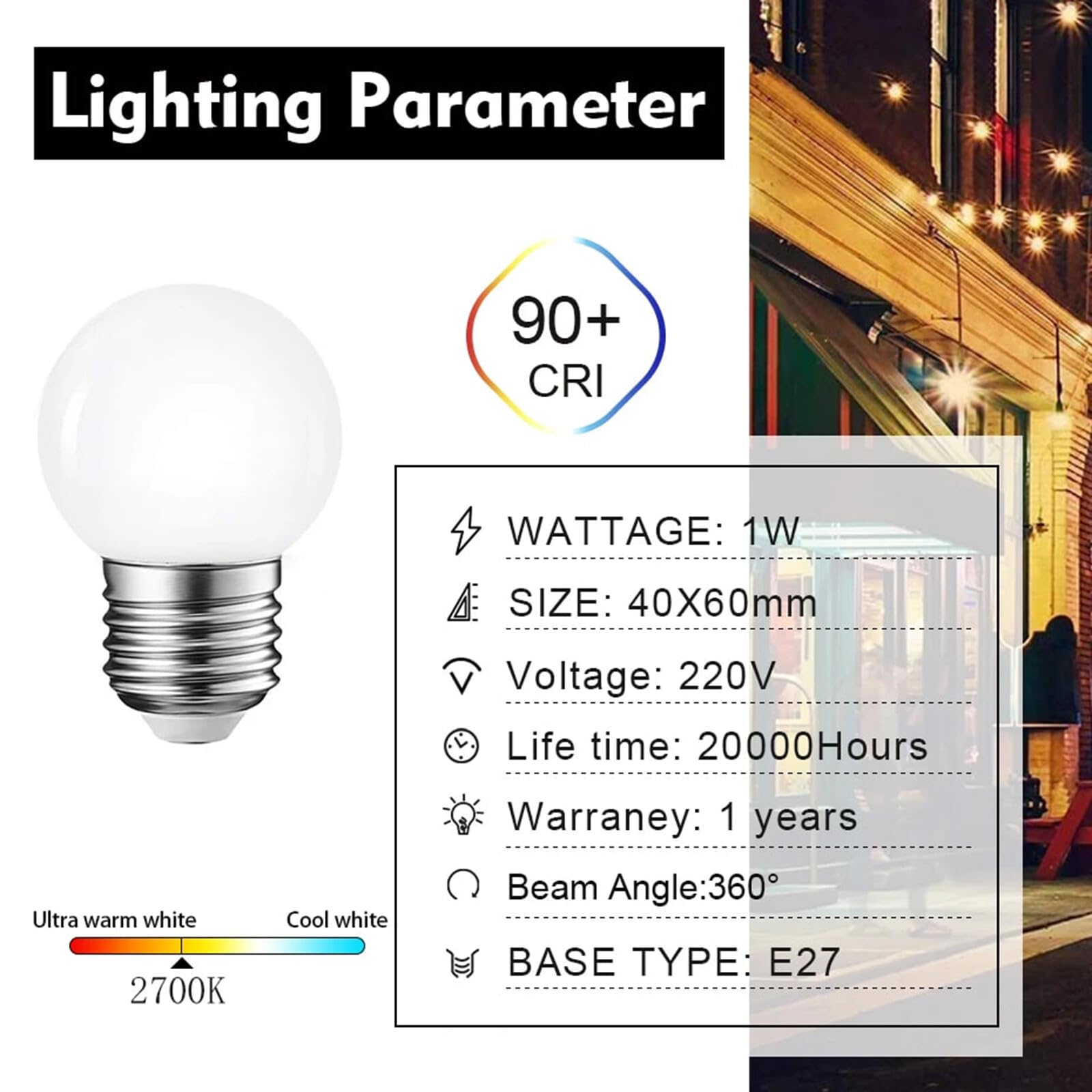 Bombilla LED G45 de plástico, globo lechoso, E27, ACdena de luces blanca, 1W, 2W y 3W, para fiestas en el jardín (E27, 220V, 3W)