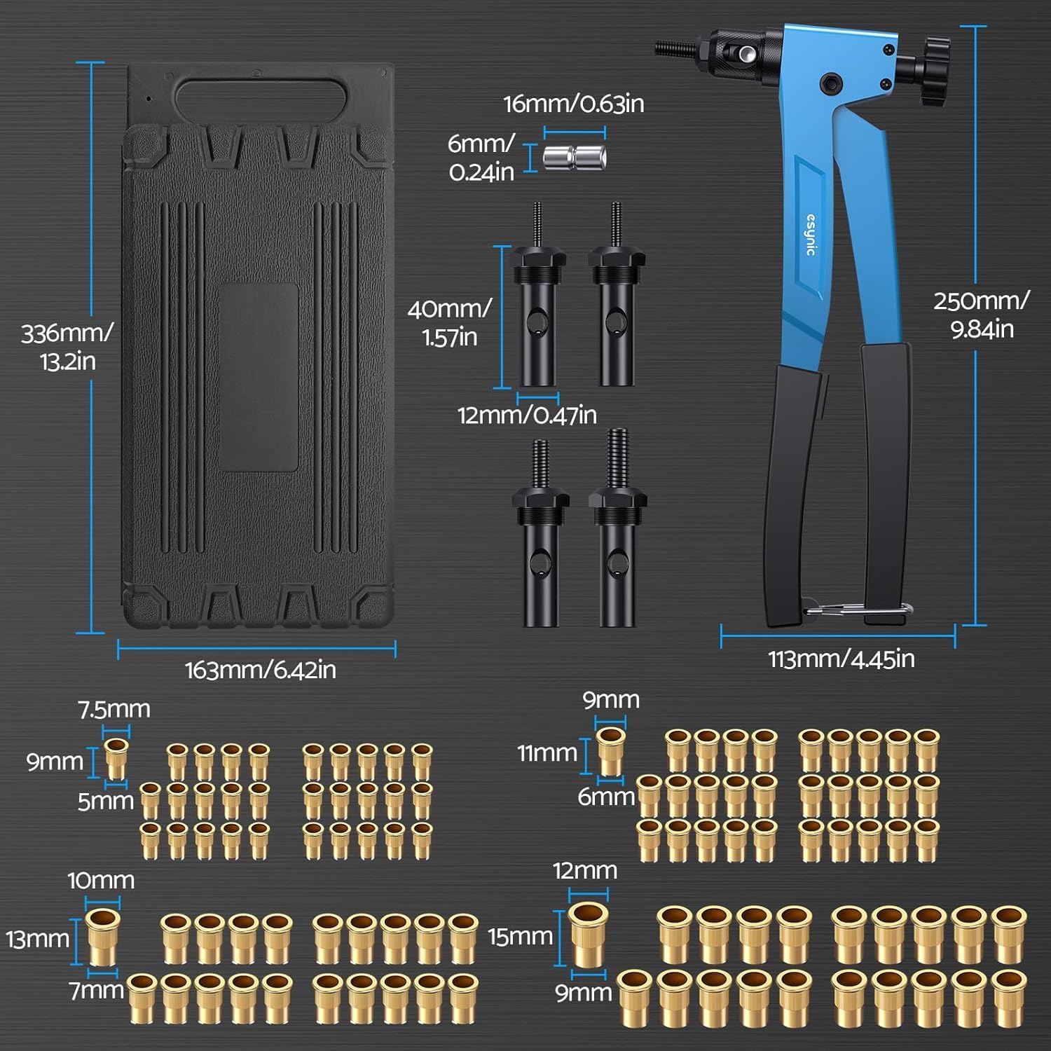 eSynic 10'' Pince Écrou à Riveter avec 100 Écrous à Rivets M3 M4 M5 M6 Pistolet à Riveter Manuel Pince a Insert Fileté avec Étui de Transport Robust-Bleu
