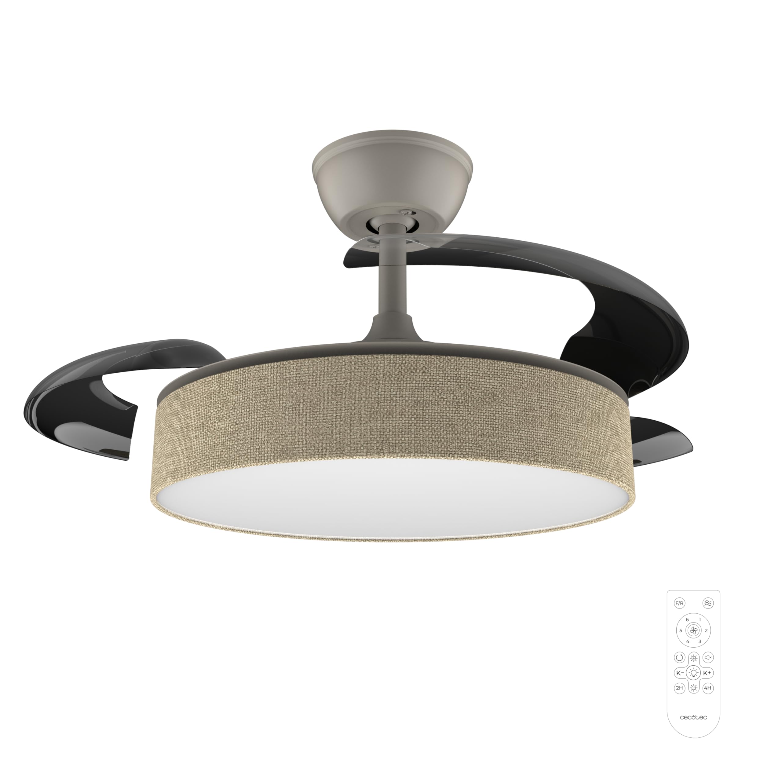 Cecotec Ventilador de Techo con Luz con 3 Aspas Retráctiles EnergySilence Aero 3666 Invisible Textile. 30W, Motor DC, Diámetro 36", 3 Tonos LED, Mando, 6 Velocidades, Temporizador, Diseño en Tela
