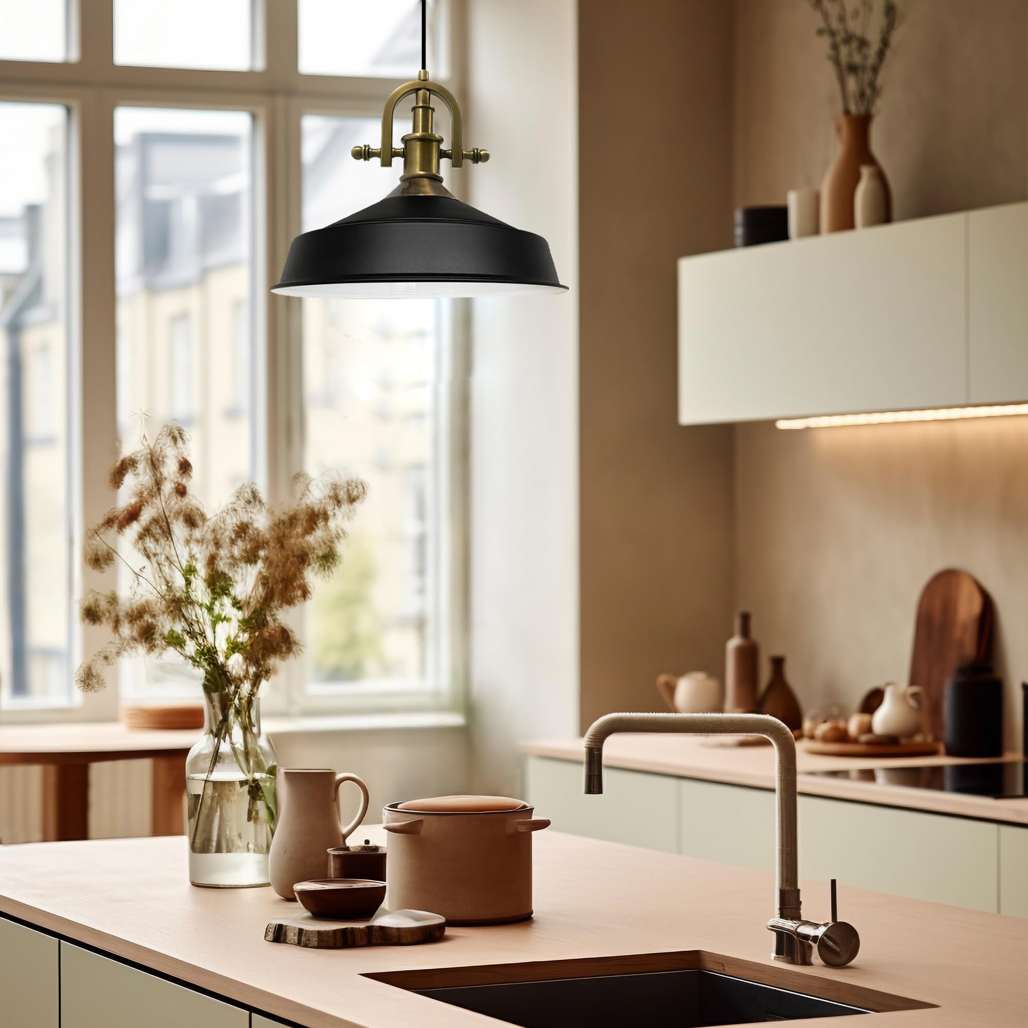 bamyum Asletl-Marina Lámpara Colgante Industrial, Pantallas de Lámpara de 40 cm, Lámpara Moderna de Metal para Isla de Cocina, Lámpara Colgante E27 para Salón y Comedor, Lámpara Colgante Negro Blanco