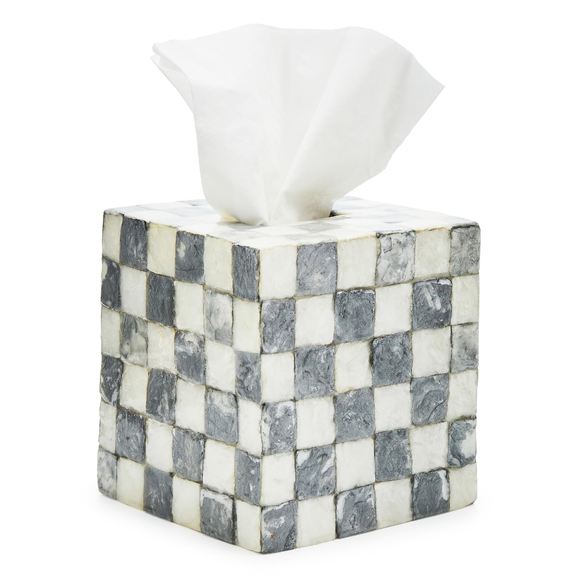 MACKENZIE-CHILDS Capiz Tissue-Box Cover, Gray-and-White Sterling Check