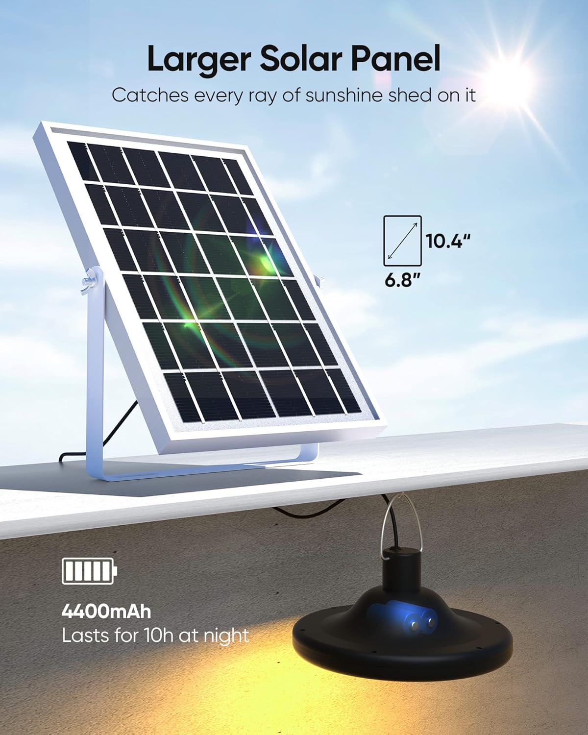 Close-up of the solar panel with dimensions 10.4 inches by 6.8 inches, and a pendant light below it, indicating a 4400mAh battery lasting 10 hours at night.