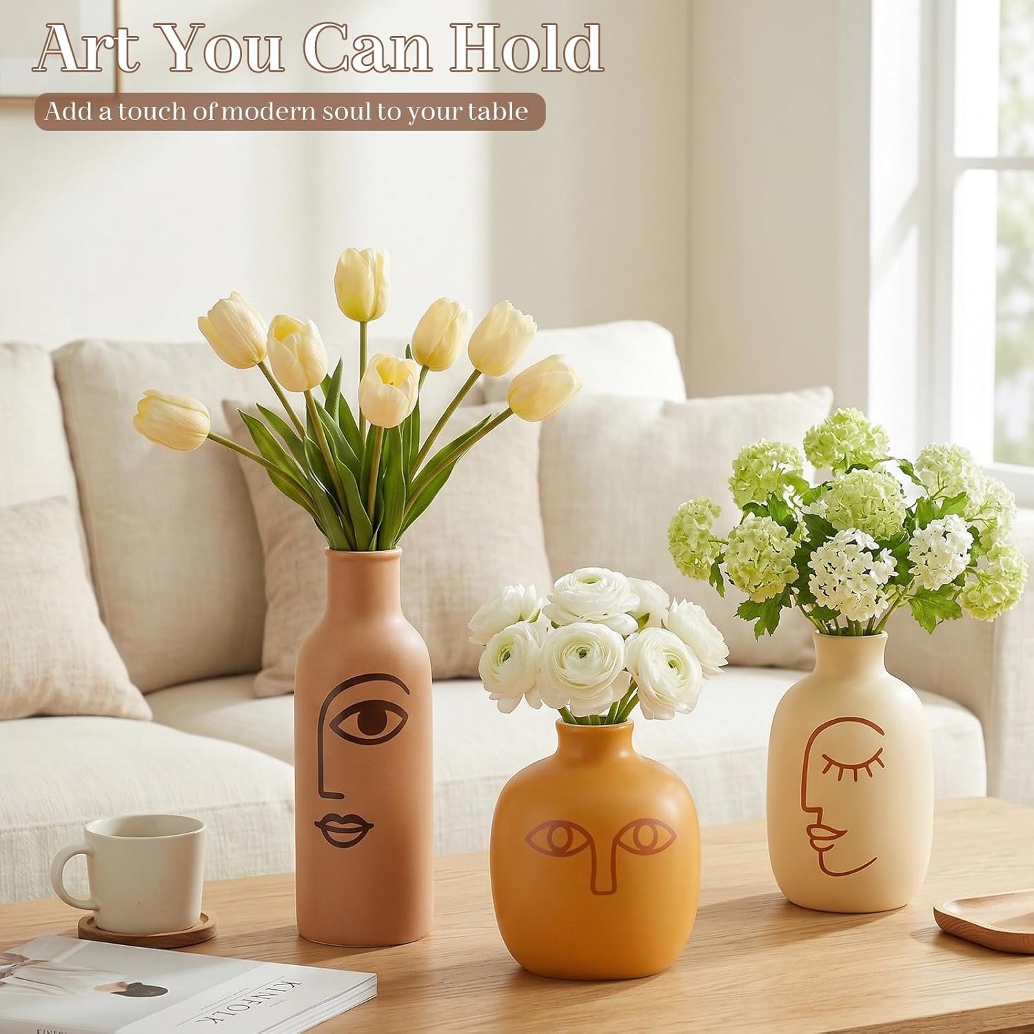 TBWIND Ceramic Vases Set of 3, Modern Boho Rustic Farmhouse Style Matte Finish Decorative Flower Vases for Home Decor, Table Centerpiece and Shelf Styling.