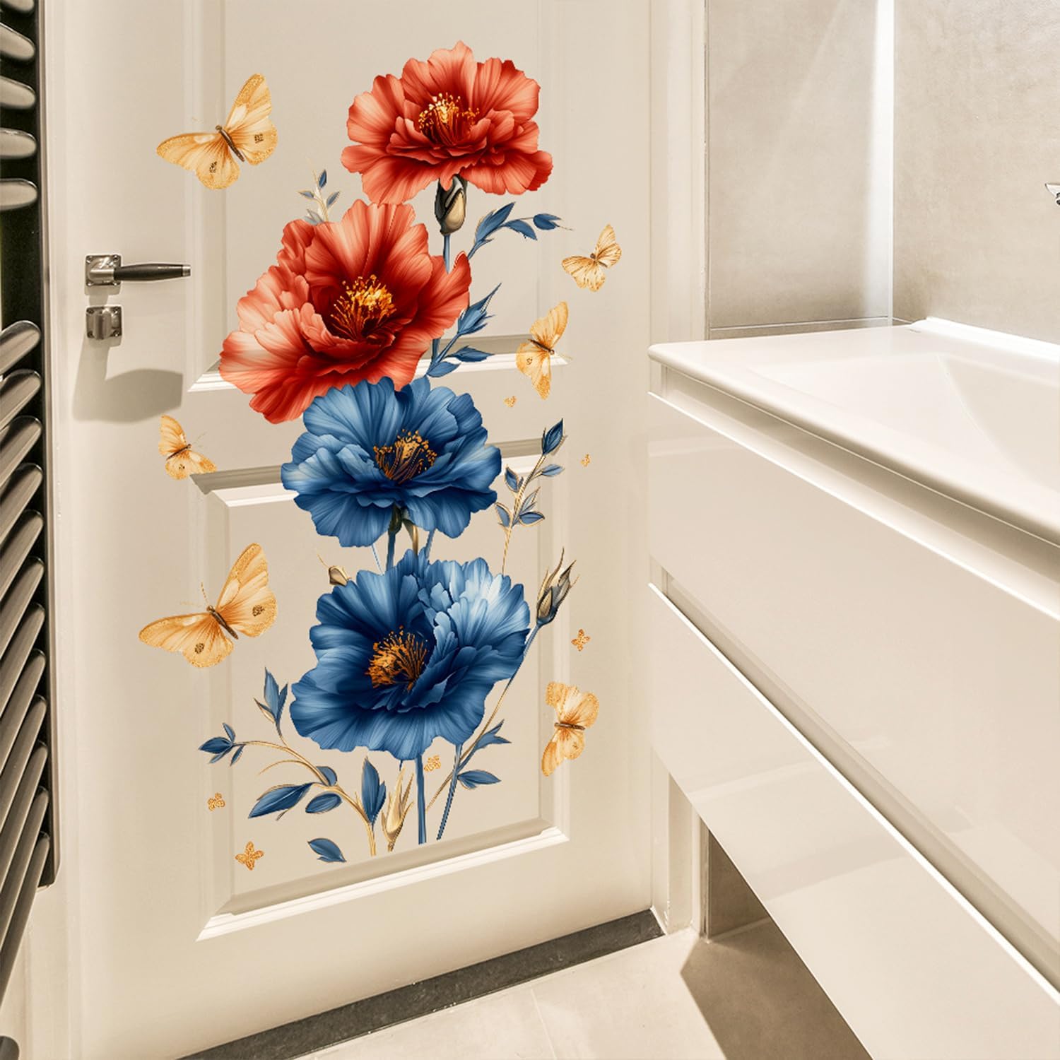 Large Flowers Wall Decals Removable Red Blue Floral Wall Stickers for Living Room Vinyl Peel and Stick Butterfly Wall Decor for Bedroom Girls Room Bathroom Decorations