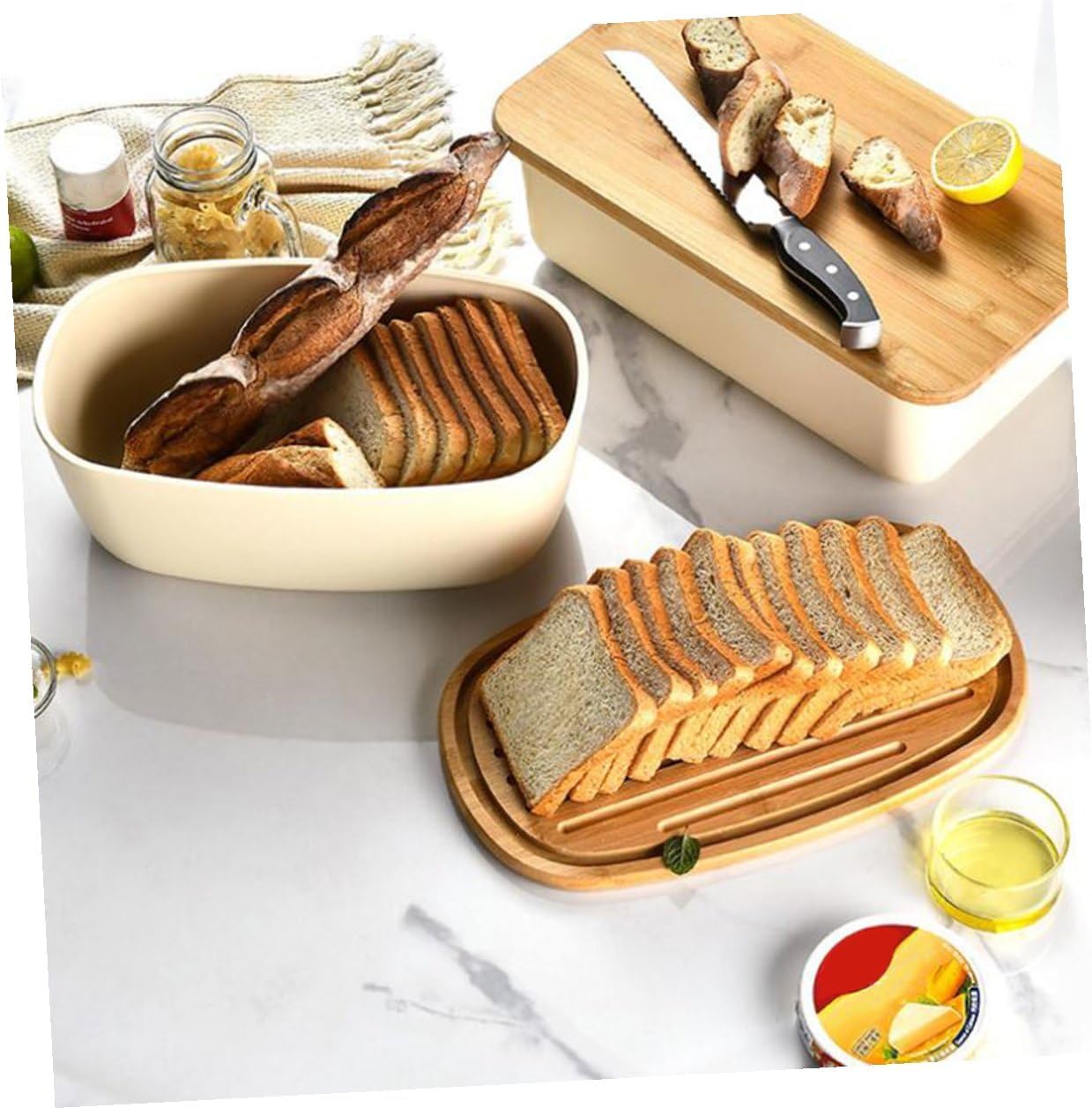 Bread Container with Oak Lid Oval Desktop Bread Box for Kitchen Counter for Toast and Cake Preservation