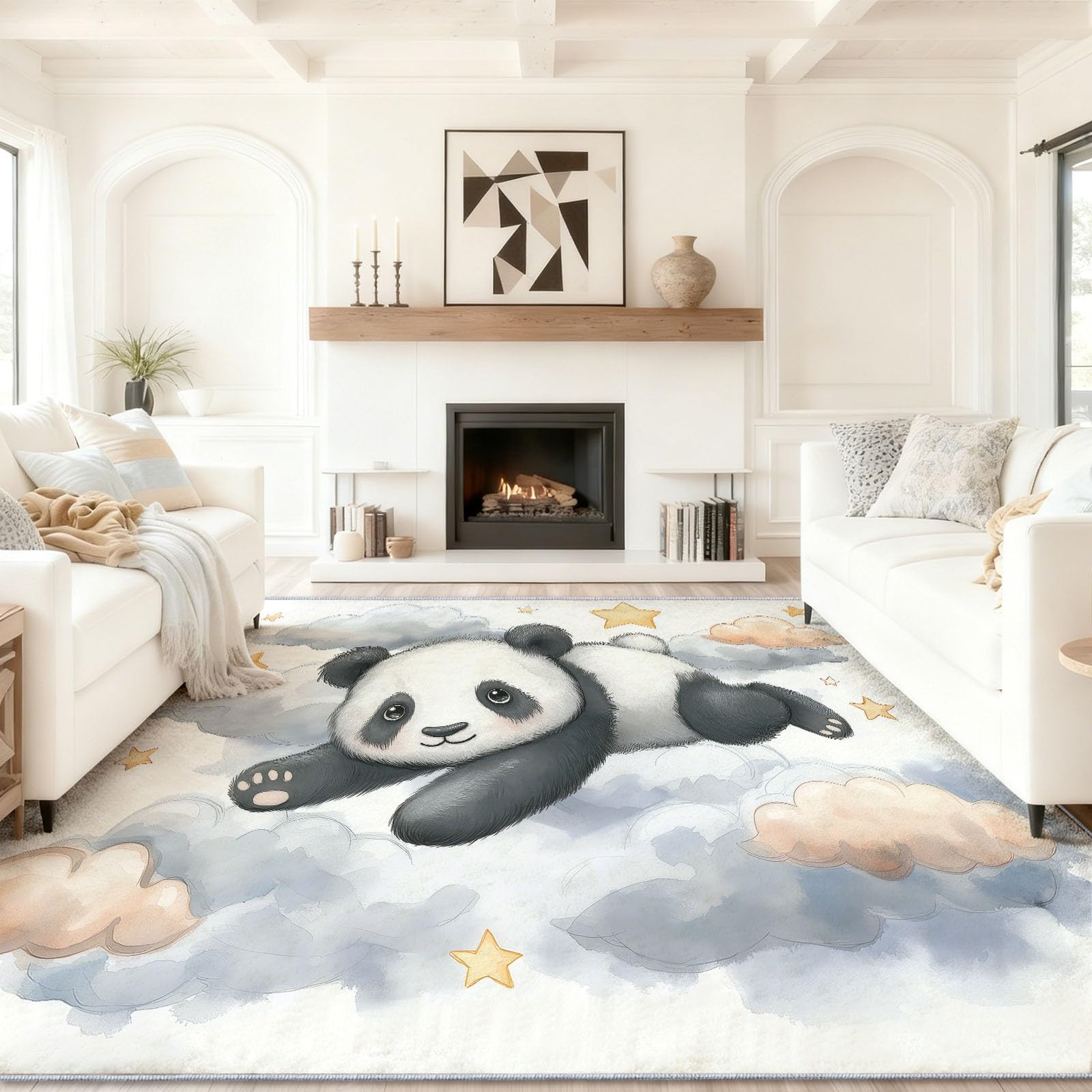 Grau Teppich Wohnzimmer 120 x 170 cm, Zeichentrickfiguren Tiere Pandas Sterne Wolken Kurzflor Teppich Waschbar, rutschfeste & Pflegeleichte Bodenmatte für Küche & Esszimmer