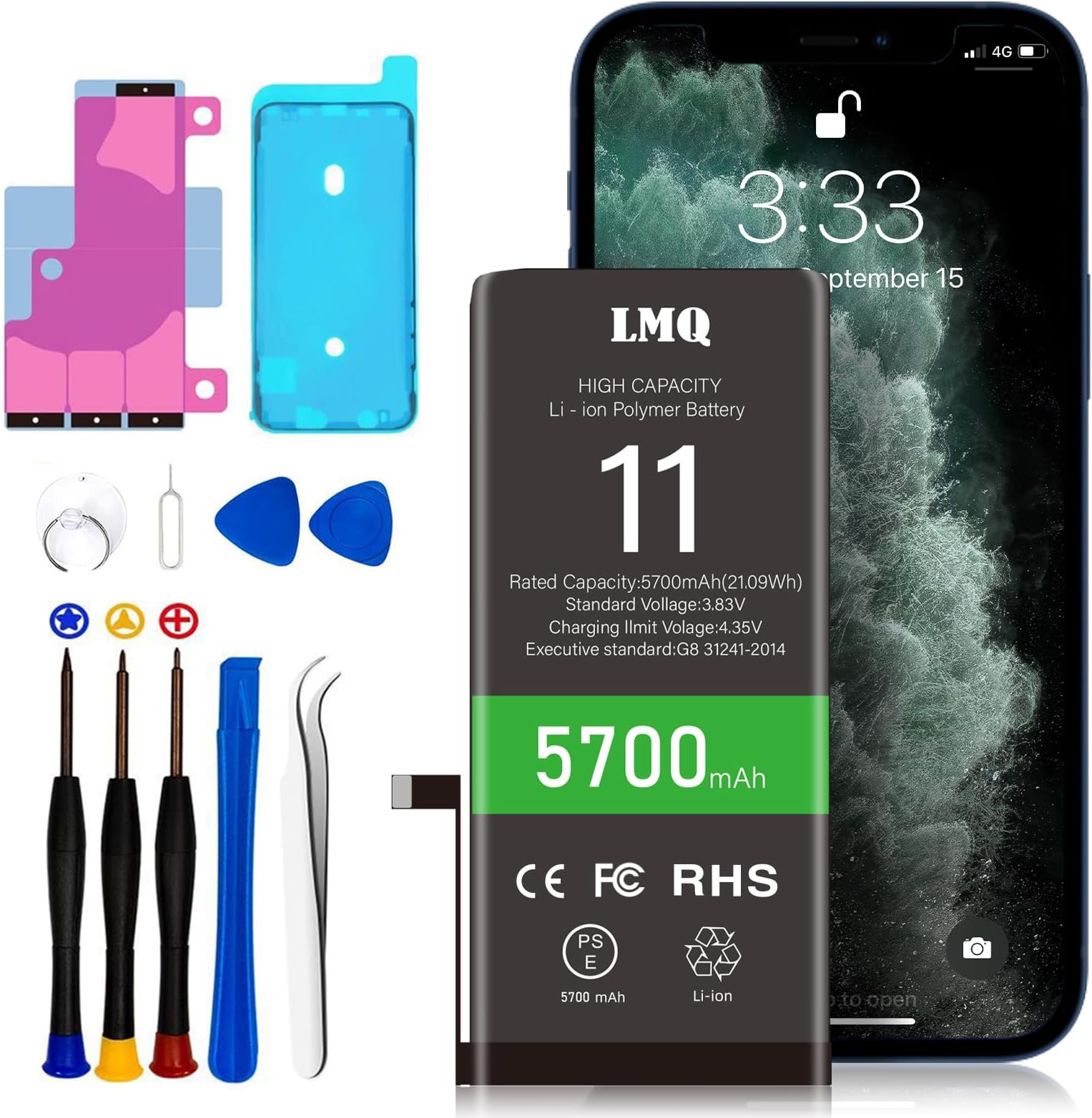 LMQ 5700mAh Super Capacity Battery Compatible with iPhone 11, 0 Cycle Li-Polymer Replacement Battery for iPhone 11 （Model A2111, A2223, A2221） with Repair Tool Kit+Adhesive