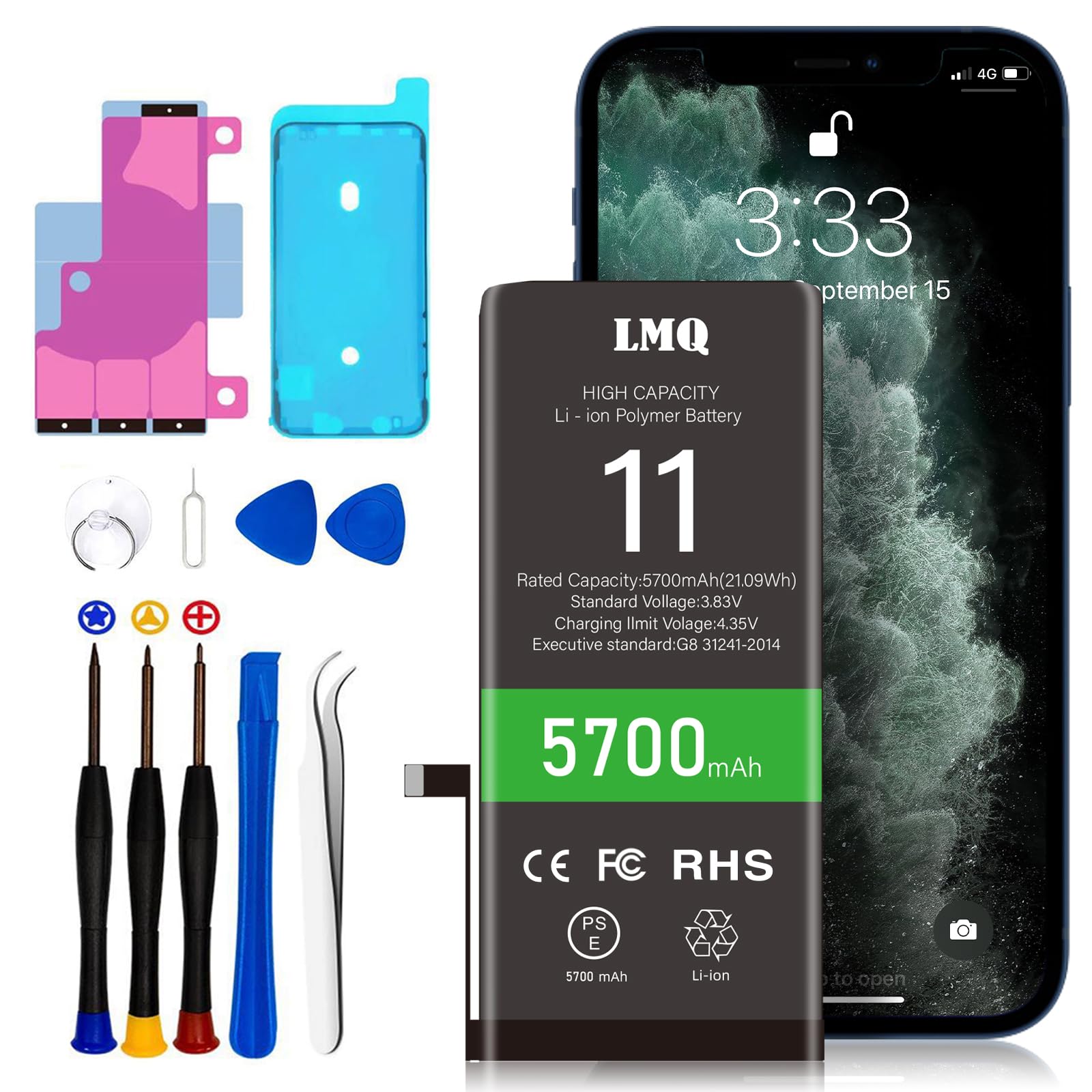 LMQ 5700mAh Super Capacity Battery Compatible with iPhone 11, 0 Cycle Li-Polymer Replacement Battery for iPhone 11 （Model A2111, A2223, A2221） with Repair Tool Kit+Adhesive