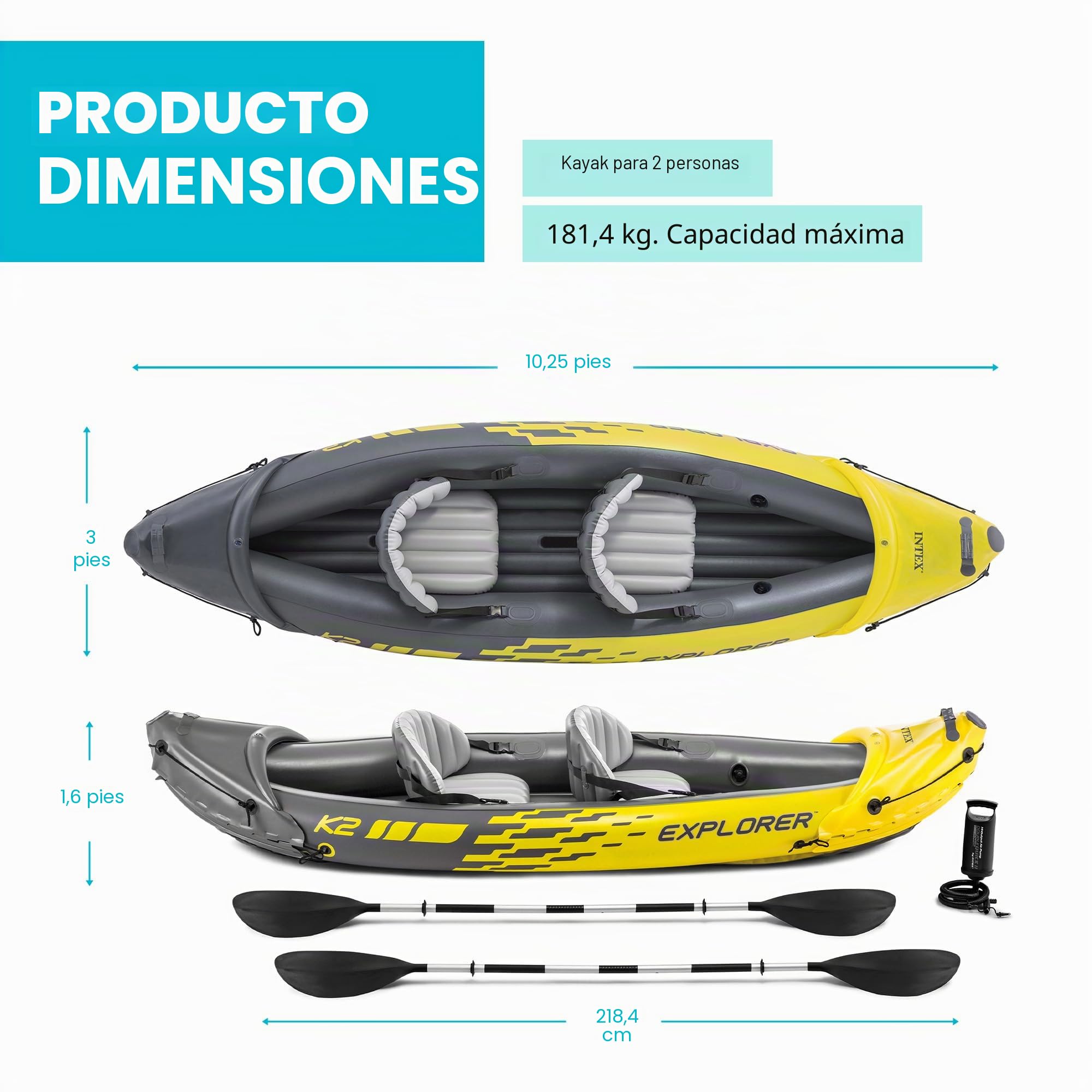 Intex Explorer K2 Kayak 2-Osobowy Nadmuchiwany Kajak z Aluminiowymi Wiosłami i Wysokowydajną Pompą
