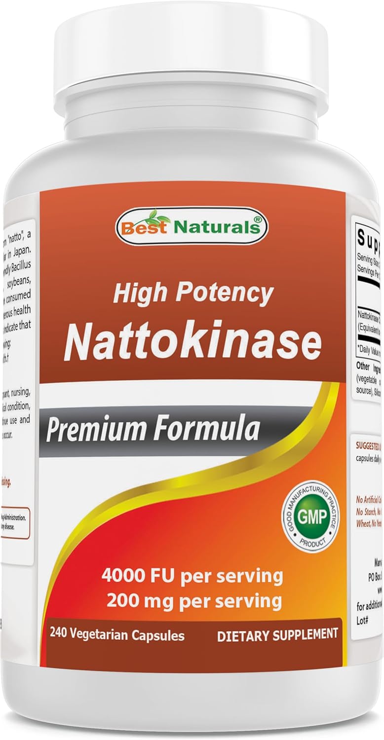 Best Naturals High Potency Nattokinase 4000 FU Per Serving/ 200 mg per Serving, 240 Vegetarain Capsules. Non-GMO, Gluten Free. Best Naturals High Potency Nattokinase 4000 FU Per Serving/ 200 mg per Serving, 240 Vegetarain Capsules. Non-GMO, Gluten Free.
