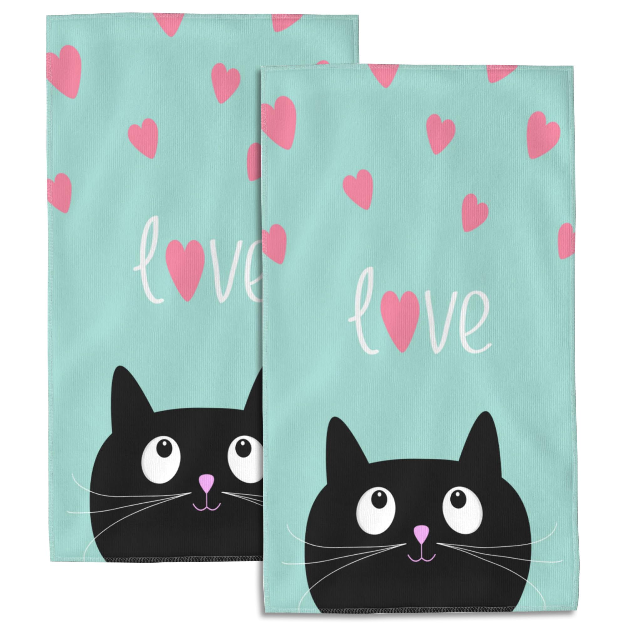 SAYOUZ Cat Bath Hand Towels Set of 2, Cartoon Cute Cat and Pink Hearts Decorative Bath Towels Soft Super Absorbent Hand Towels for Bathroom Hotel Gym