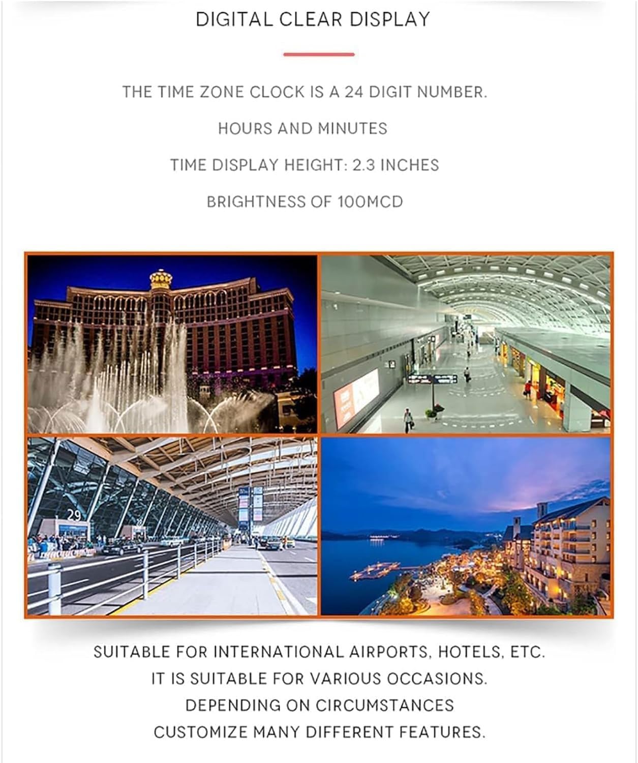 Orologio Digitale con Fuso orario Mondiale a 6 Città, Orologio con Fuso orario multiorario per Hotel, Nome Città Verde/Ora Rossa, per aeroporti internazionali, Imprese multinazionali