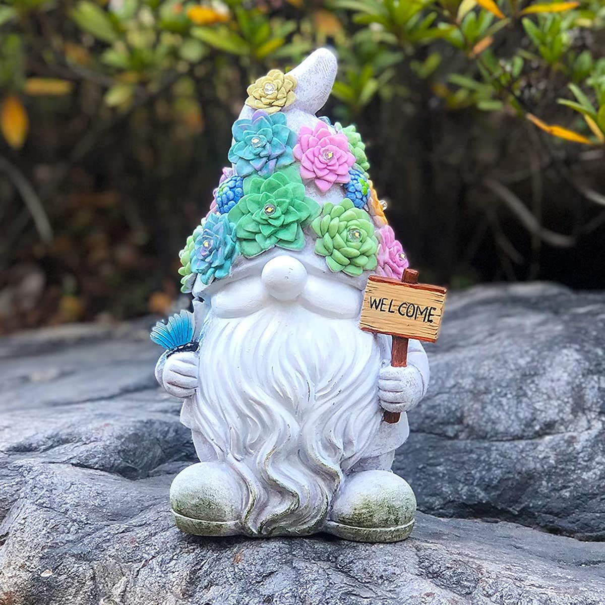 Estatuas De Resina De Gnomos De Jardín, Figura Esculturas De Gnomo De Jardín con 10 Luces LED Solares para Decoración De Césped De Patio Regalo De Adorno, 4.5 X 5.5 X 9