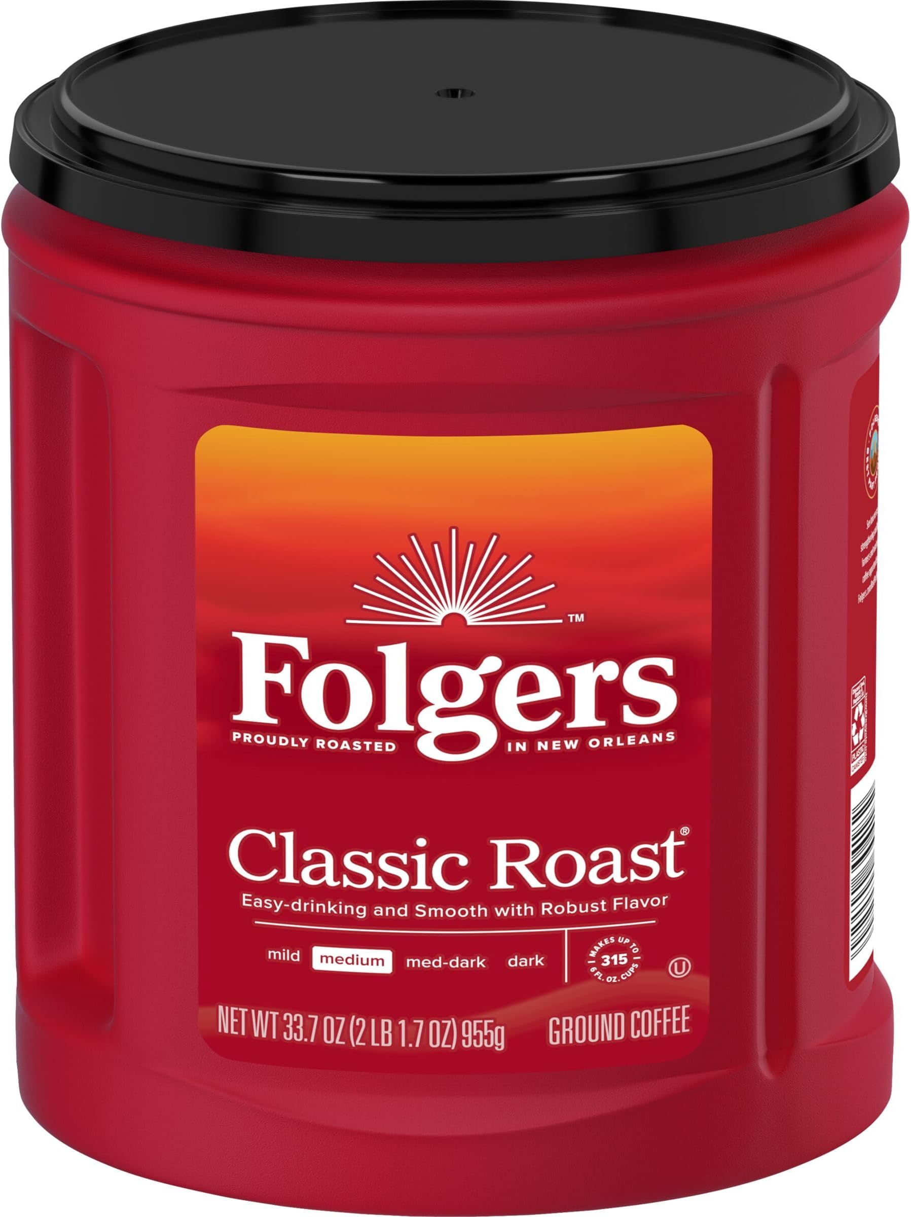 Folgers Classic Roast Medium Roast Ground Coffee, 33.7 Ounces (Pack of 6)